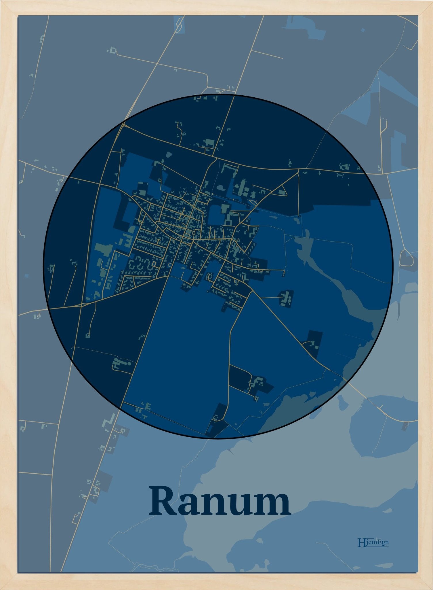 Ranum plakat i farve mørk blå og HjemEgn.dk design centrum. Design bykort for Ranum