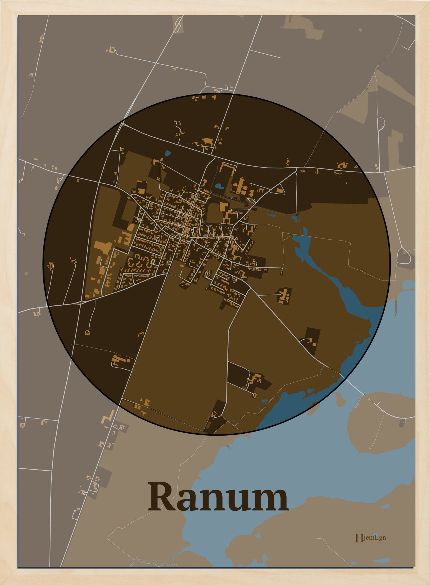 Ranum plakat i farve mørk brun og HjemEgn.dk design centrum. Design bykort for Ranum