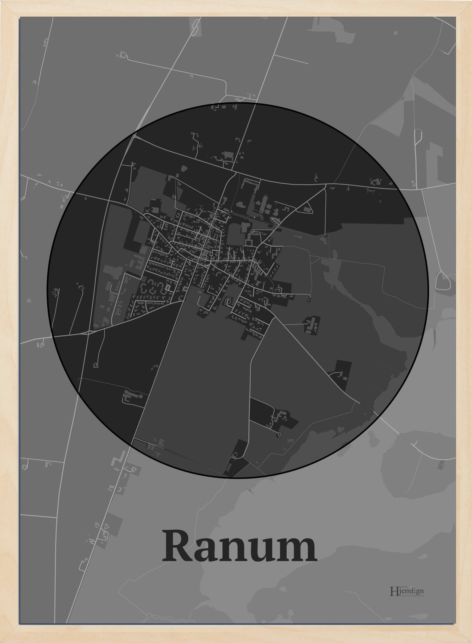 Ranum plakat i farve mørk grå og HjemEgn.dk design centrum. Design bykort for Ranum