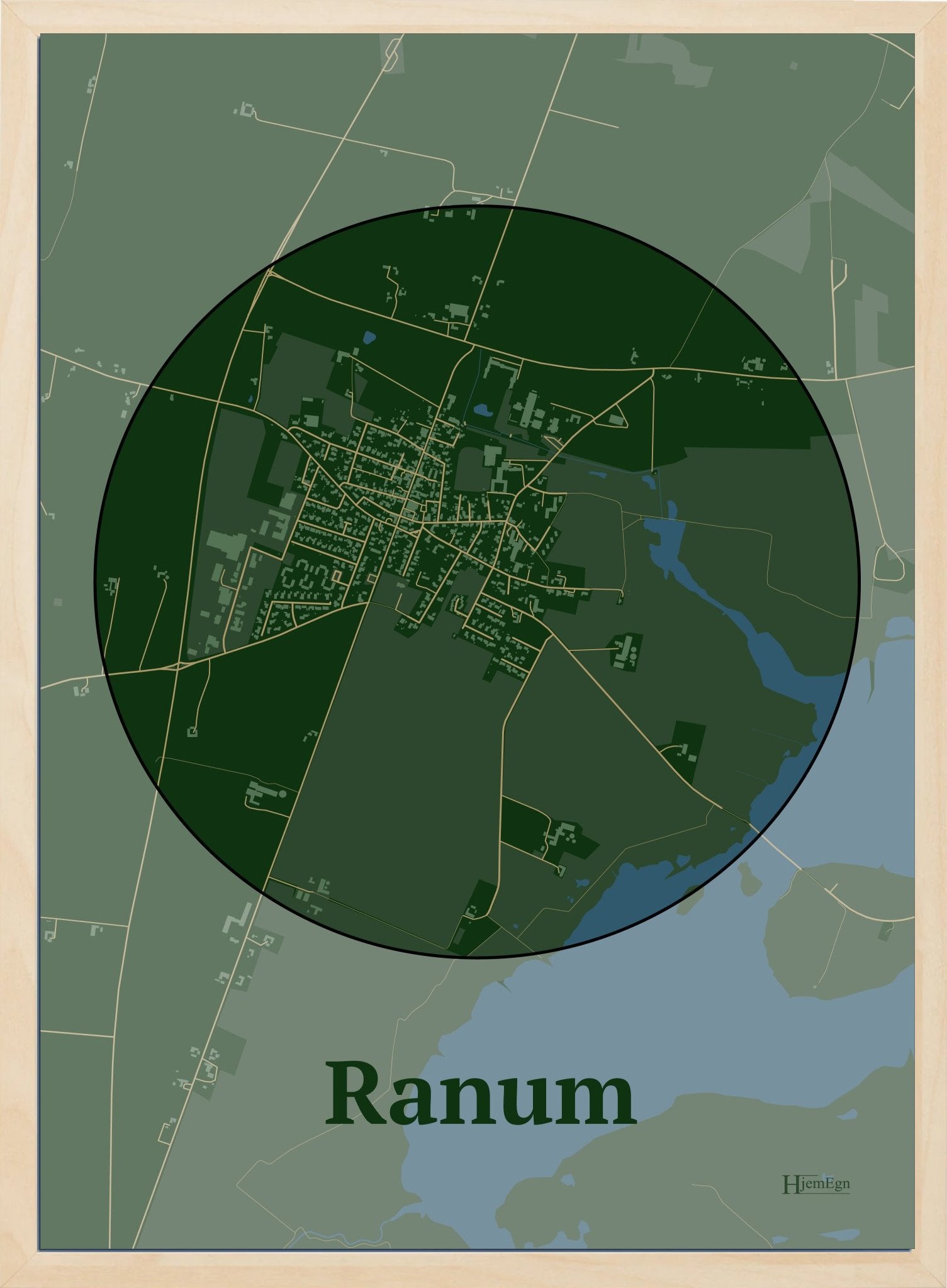 Ranum plakat i farve mørk grøn og HjemEgn.dk design centrum. Design bykort for Ranum