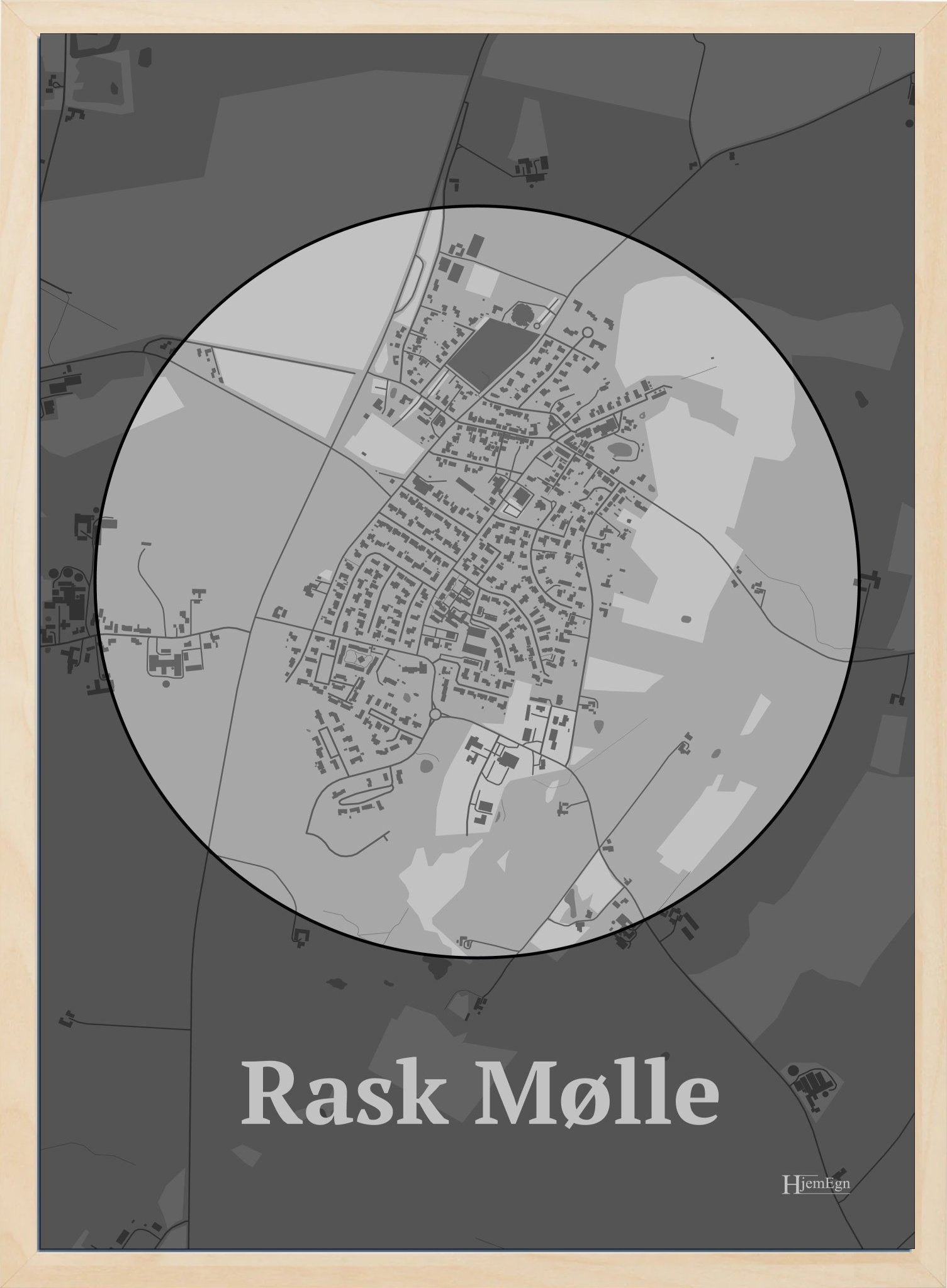 Rask Mølle plakat i farve pastel grå og HjemEgn.dk design centrum. Design bykort for Rask Mølle