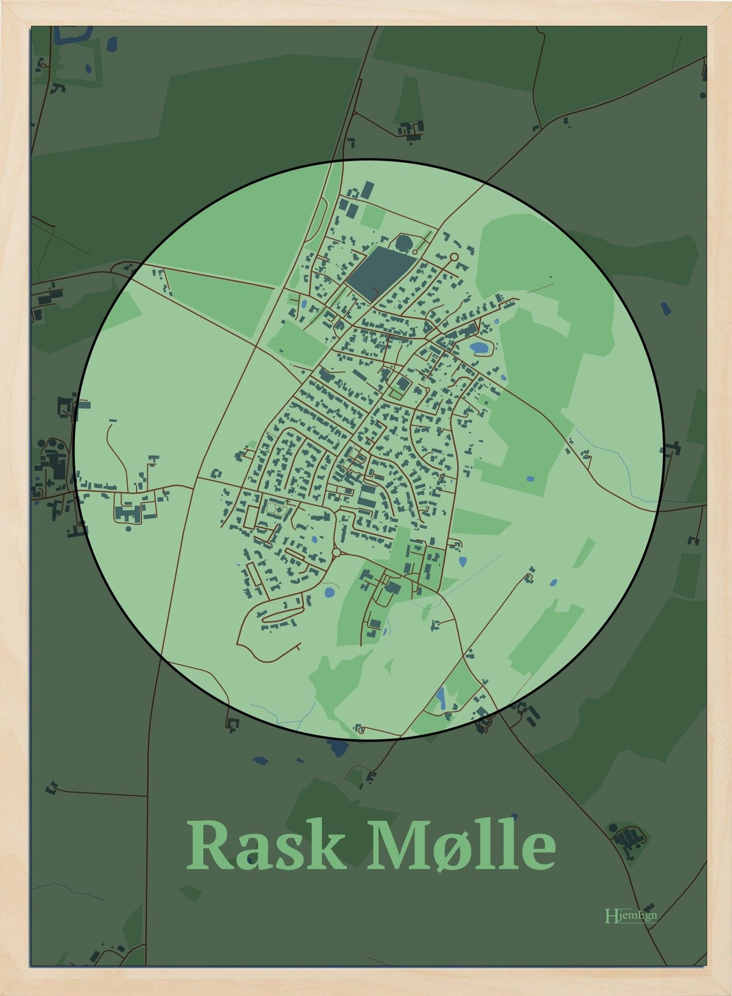 Rask Mølle plakat i farve pastel grøn og HjemEgn.dk design centrum. Design bykort for Rask Mølle