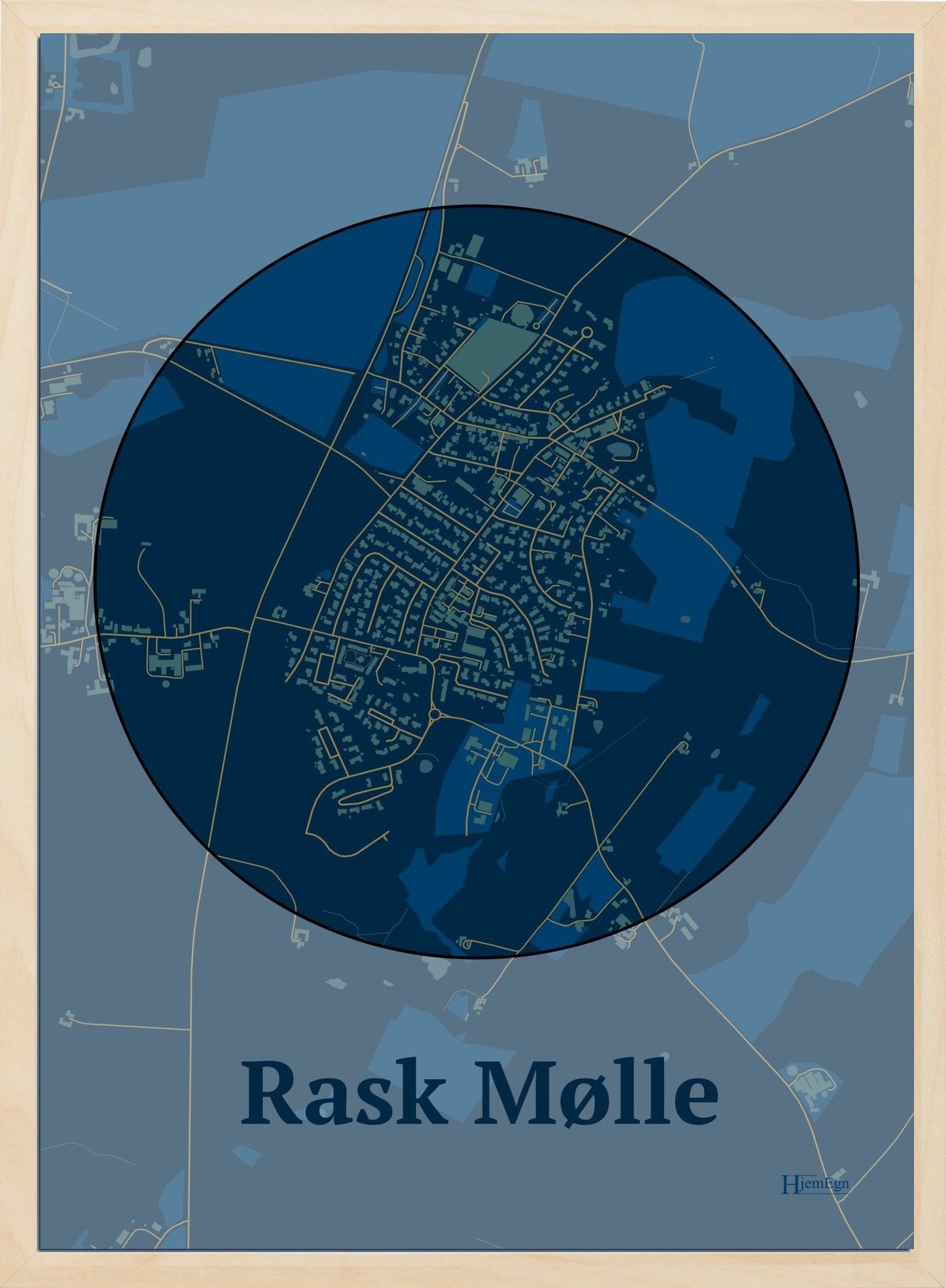 Rask Mølle plakat i farve mørk blå og HjemEgn.dk design centrum. Design bykort for Rask Mølle