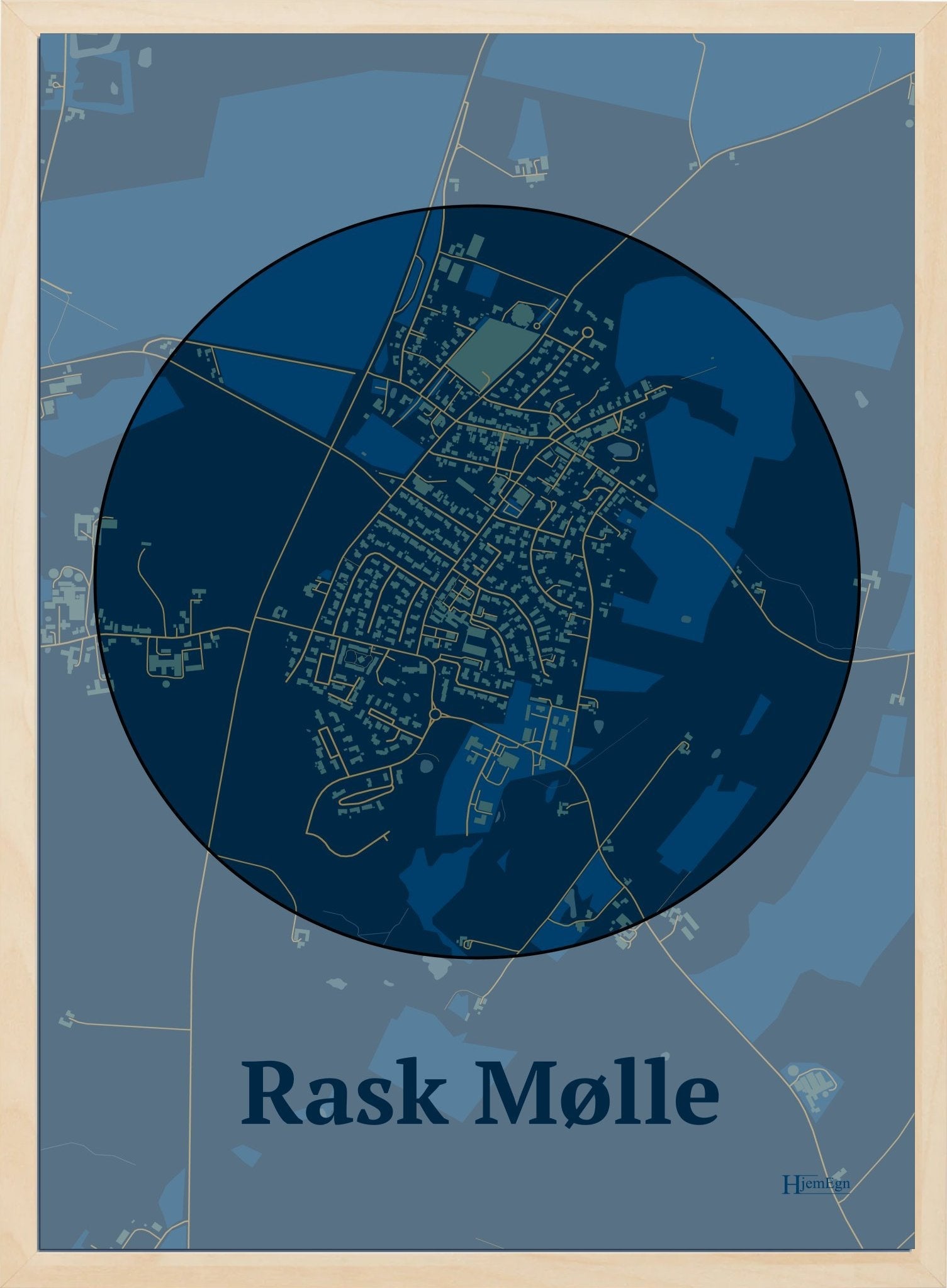 Rask Mølle plakat i farve mørk blå og HjemEgn.dk design centrum. Design bykort for Rask Mølle