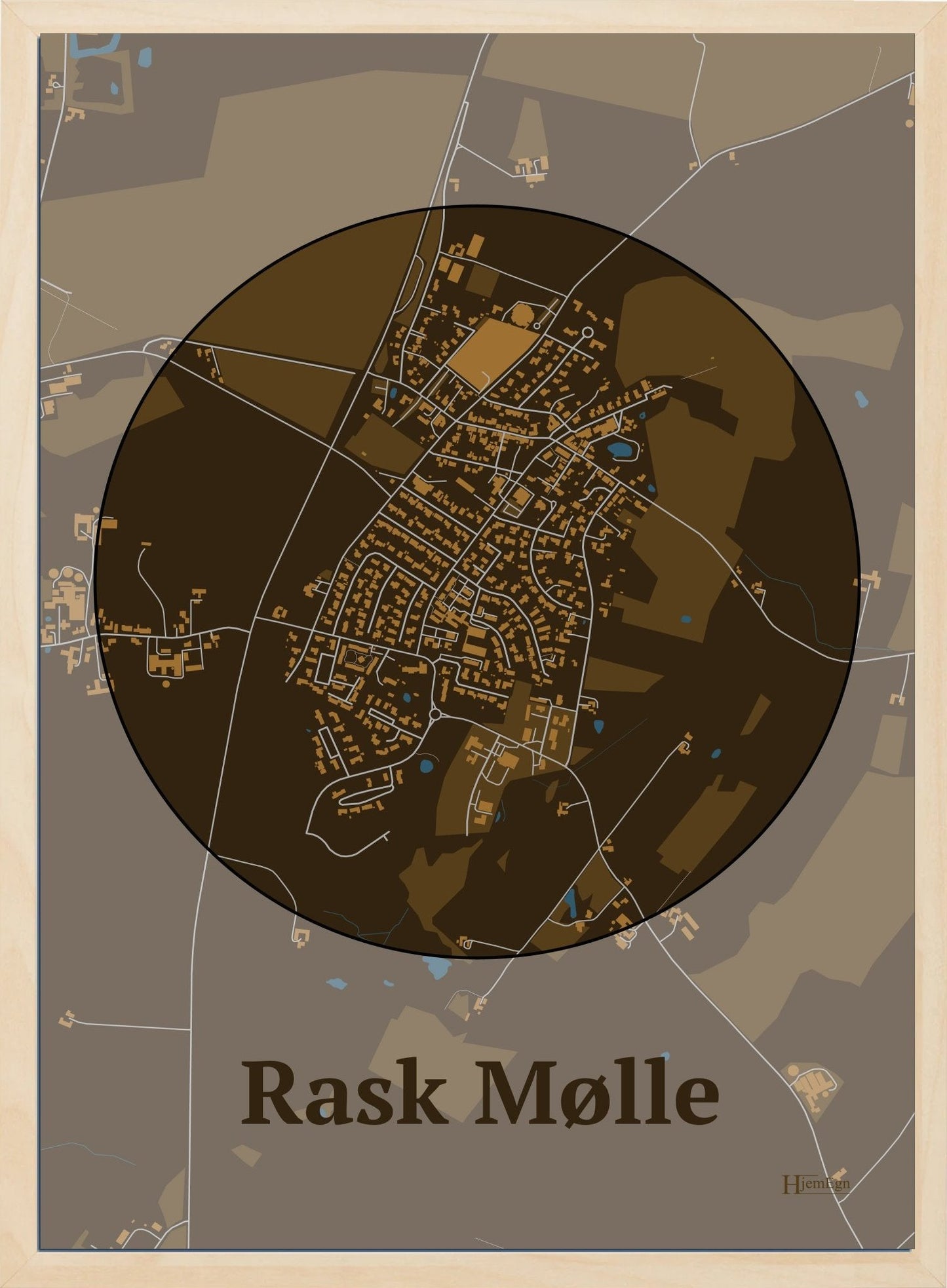 Rask Mølle plakat i farve mørk brun og HjemEgn.dk design centrum. Design bykort for Rask Mølle