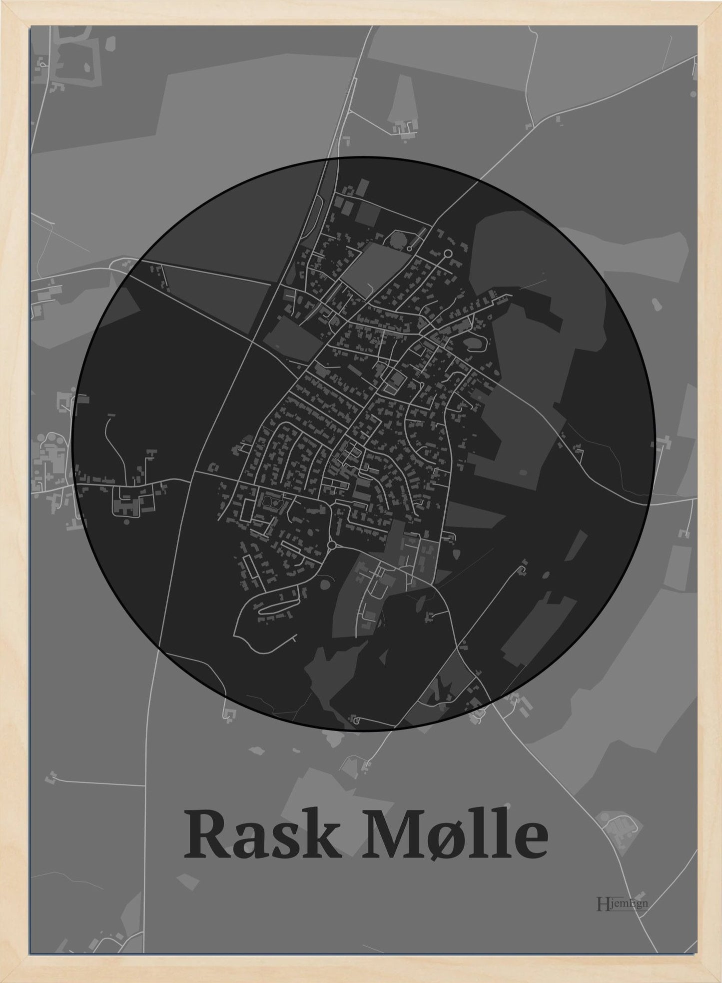 Rask Mølle plakat i farve mørk grå og HjemEgn.dk design centrum. Design bykort for Rask Mølle