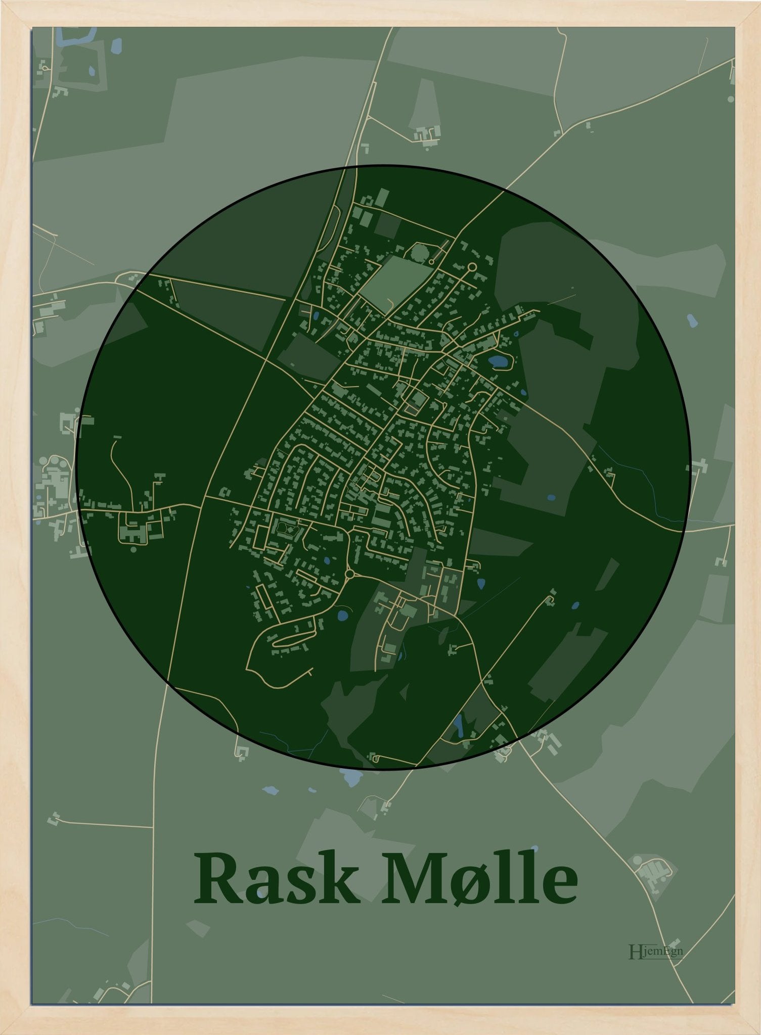 Rask Mølle plakat i farve mørk grøn og HjemEgn.dk design centrum. Design bykort for Rask Mølle