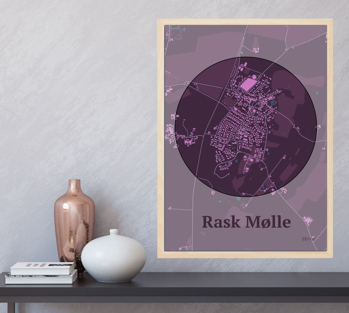 Rask Mølle plakat i farve  og HjemEgn.dk design centrum. Design bykort for Rask Mølle