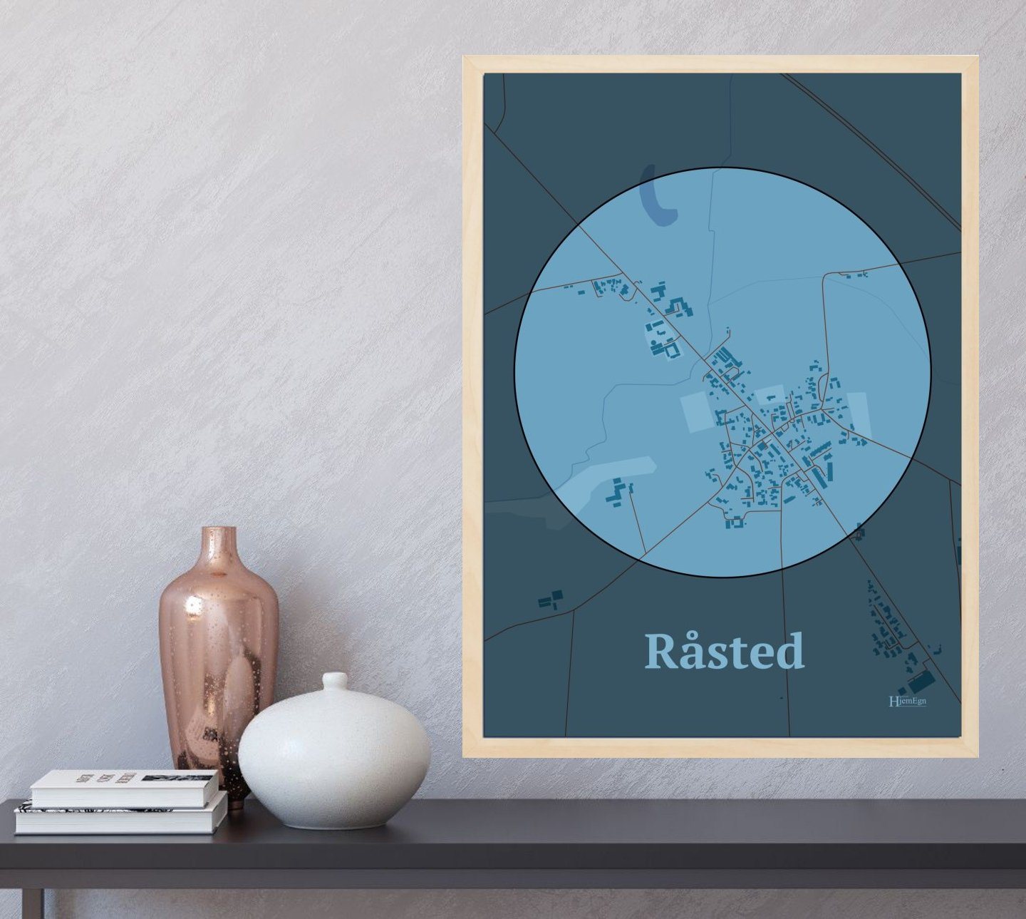 Råsted plakat i farve  og HjemEgn.dk design centrum. Design bykort for Råsted