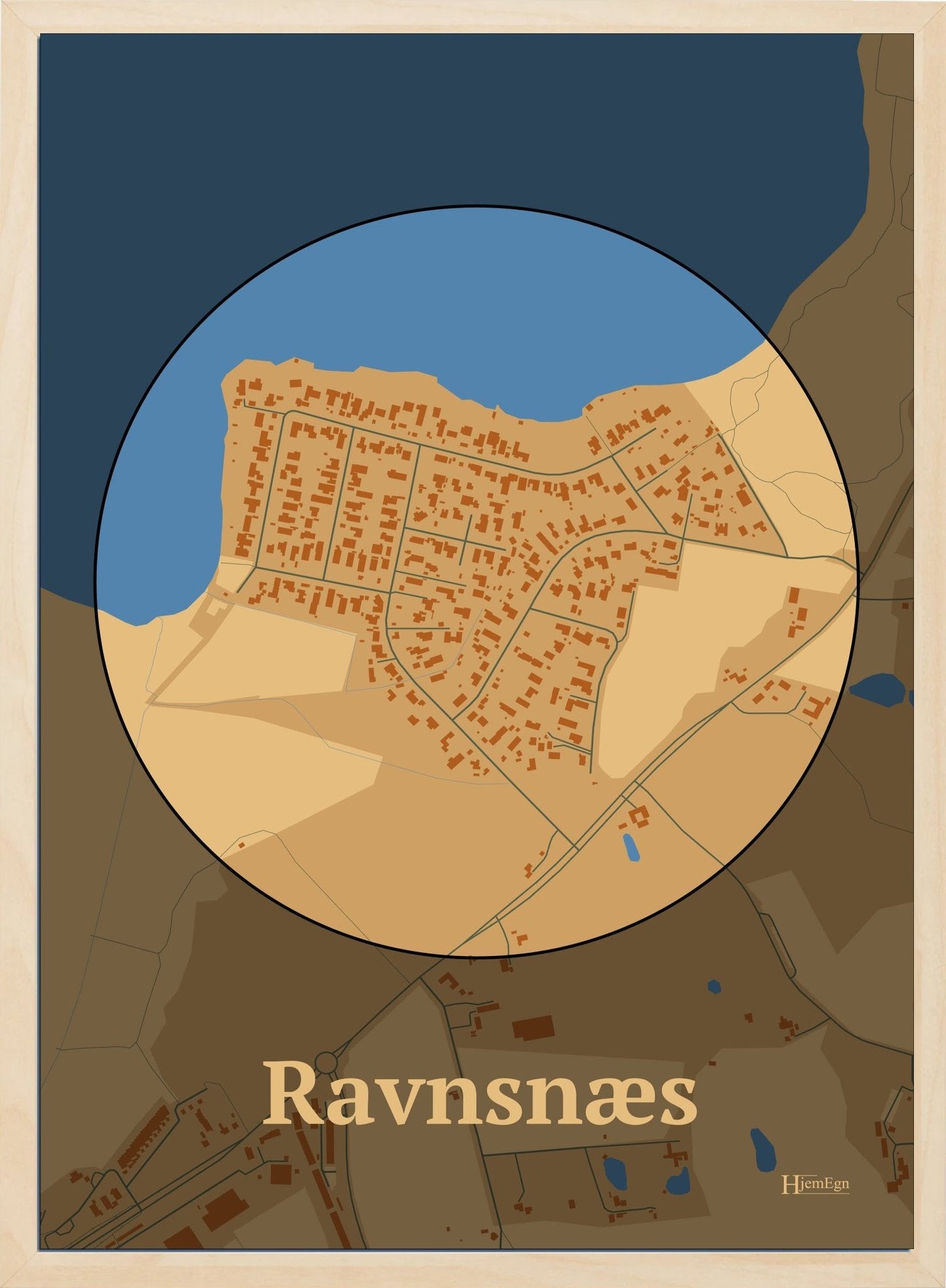 Ravnsnæs plakat i farve pastel brun og HjemEgn.dk design centrum. Design bykort for Ravnsnæs