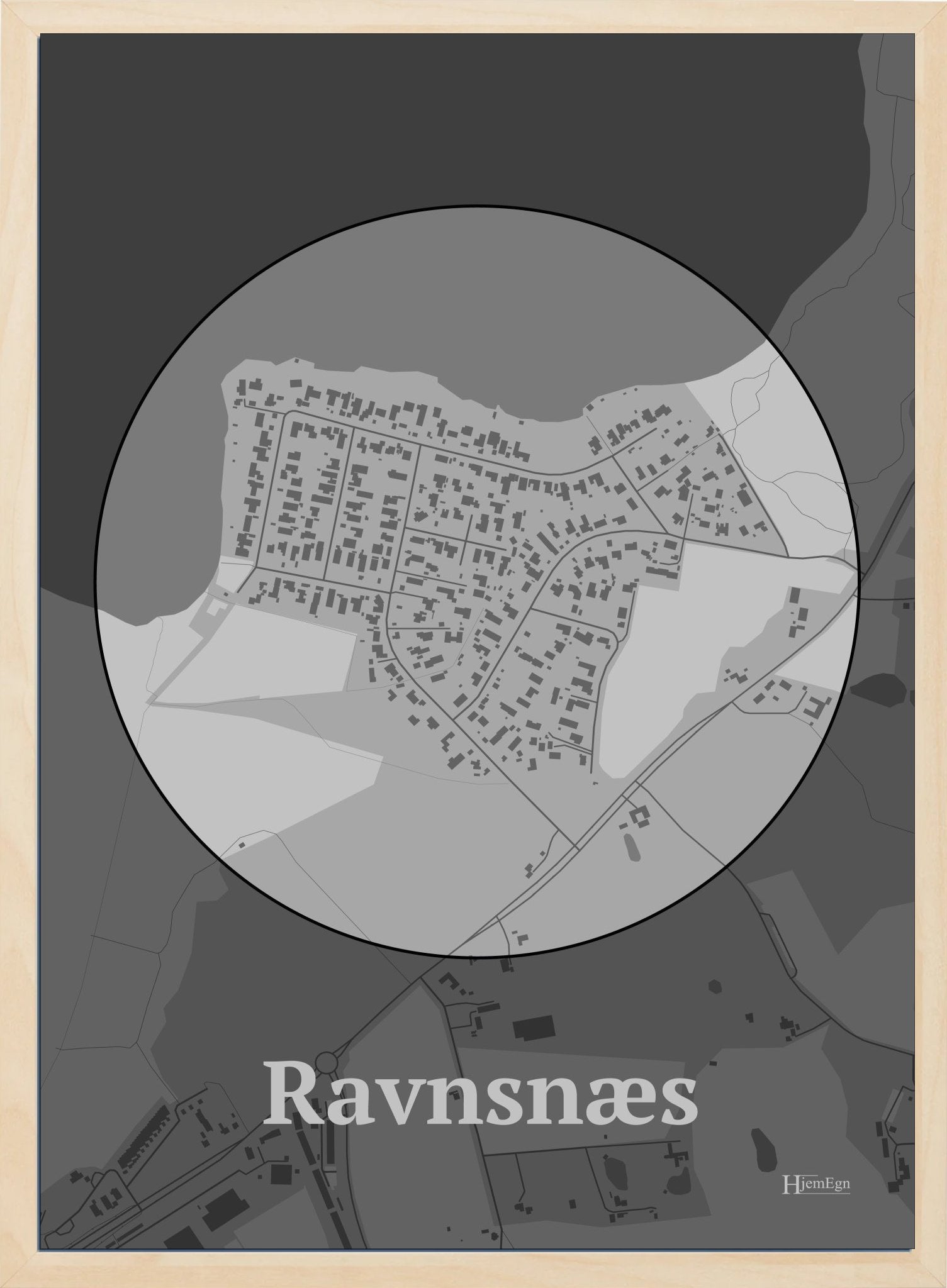 Ravnsnæs plakat i farve pastel grå og HjemEgn.dk design centrum. Design bykort for Ravnsnæs