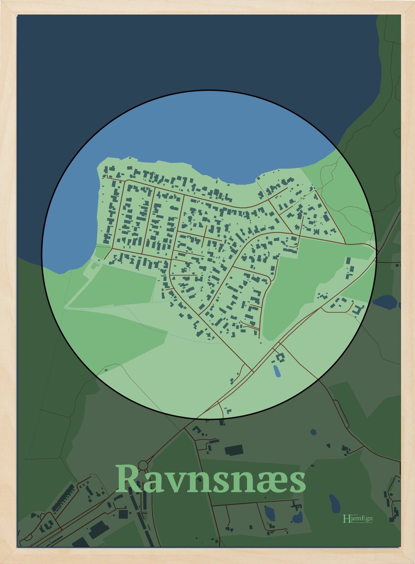 Ravnsnæs plakat i farve pastel grøn og HjemEgn.dk design centrum. Design bykort for Ravnsnæs