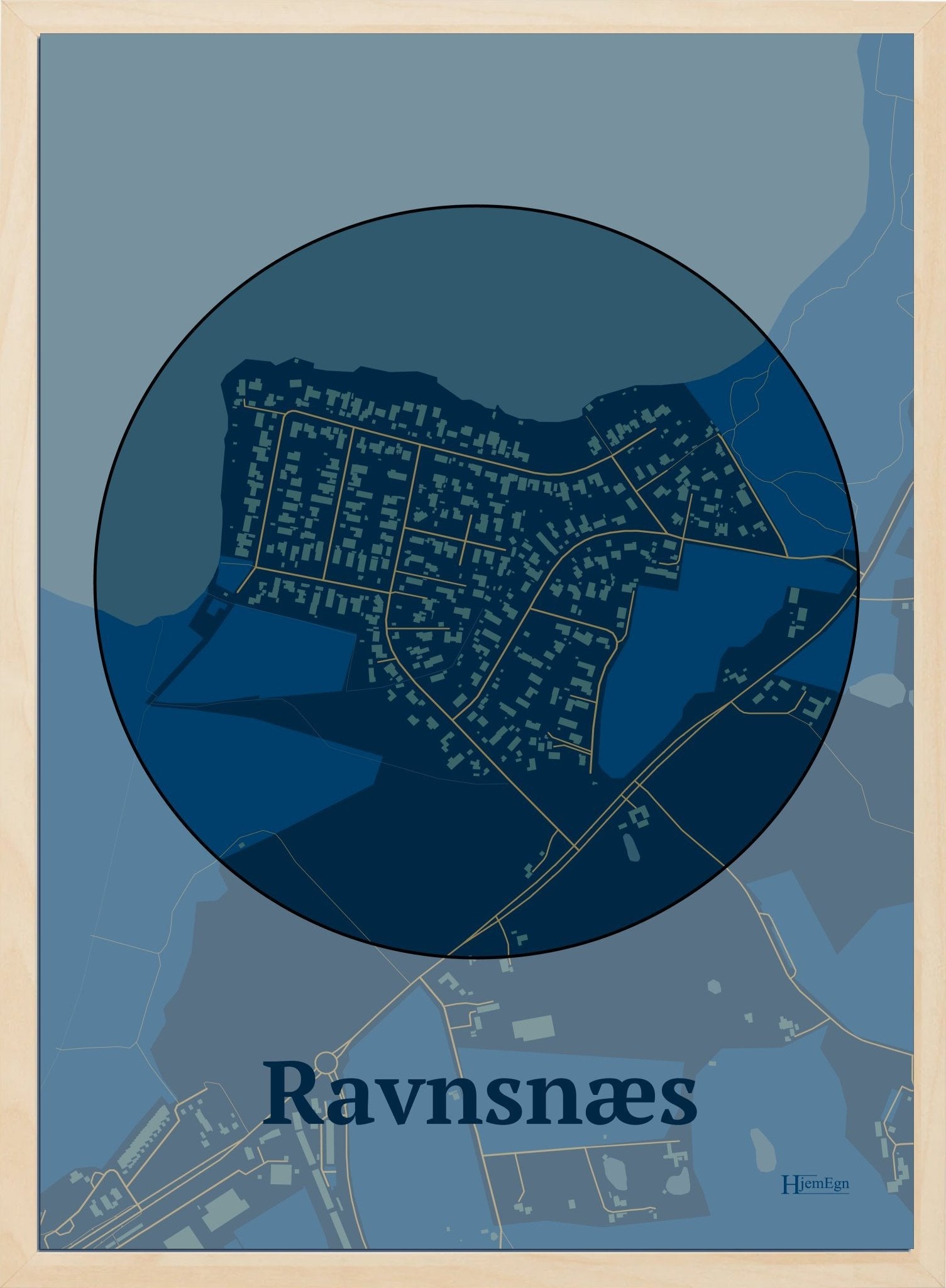 Ravnsnæs plakat i farve mørk blå og HjemEgn.dk design centrum. Design bykort for Ravnsnæs
