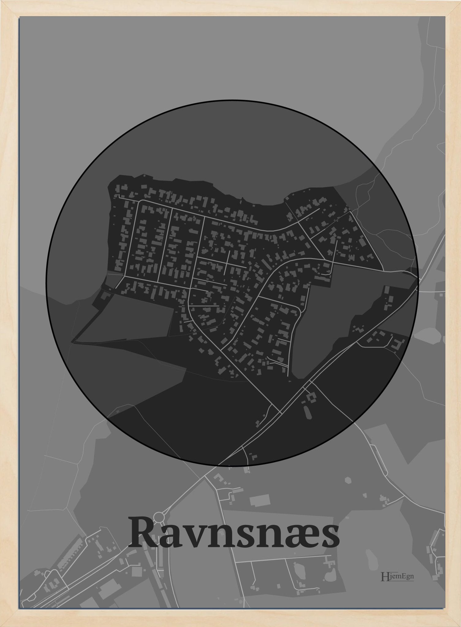 Ravnsnæs plakat i farve mørk grå og HjemEgn.dk design centrum. Design bykort for Ravnsnæs