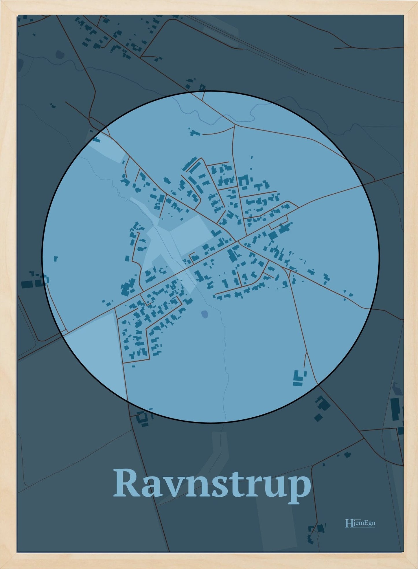 Ravnstrup plakat i farve pastel blå og HjemEgn.dk design centrum. Design bykort for Ravnstrup