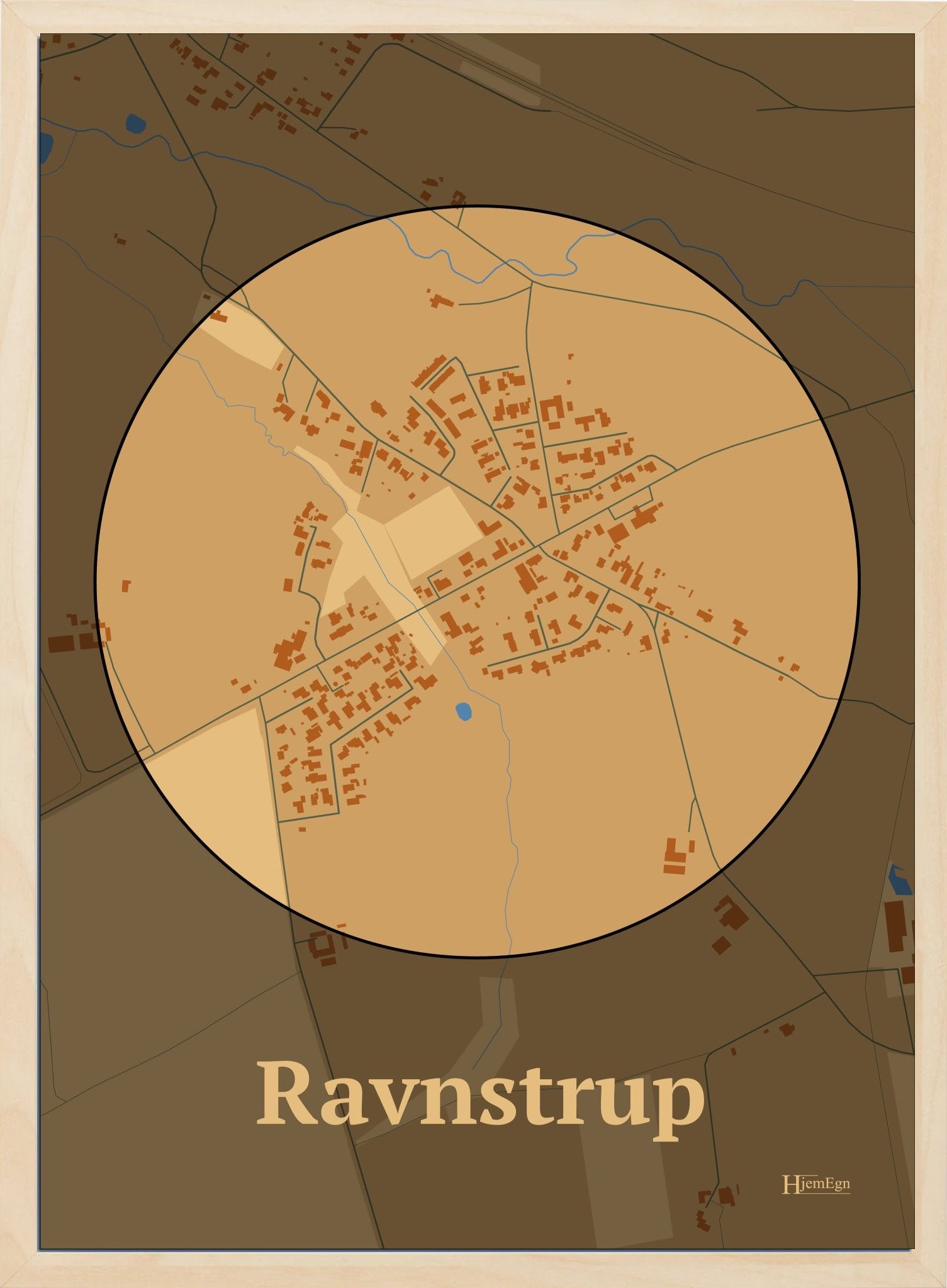 Ravnstrup plakat i farve pastel brun og HjemEgn.dk design centrum. Design bykort for Ravnstrup