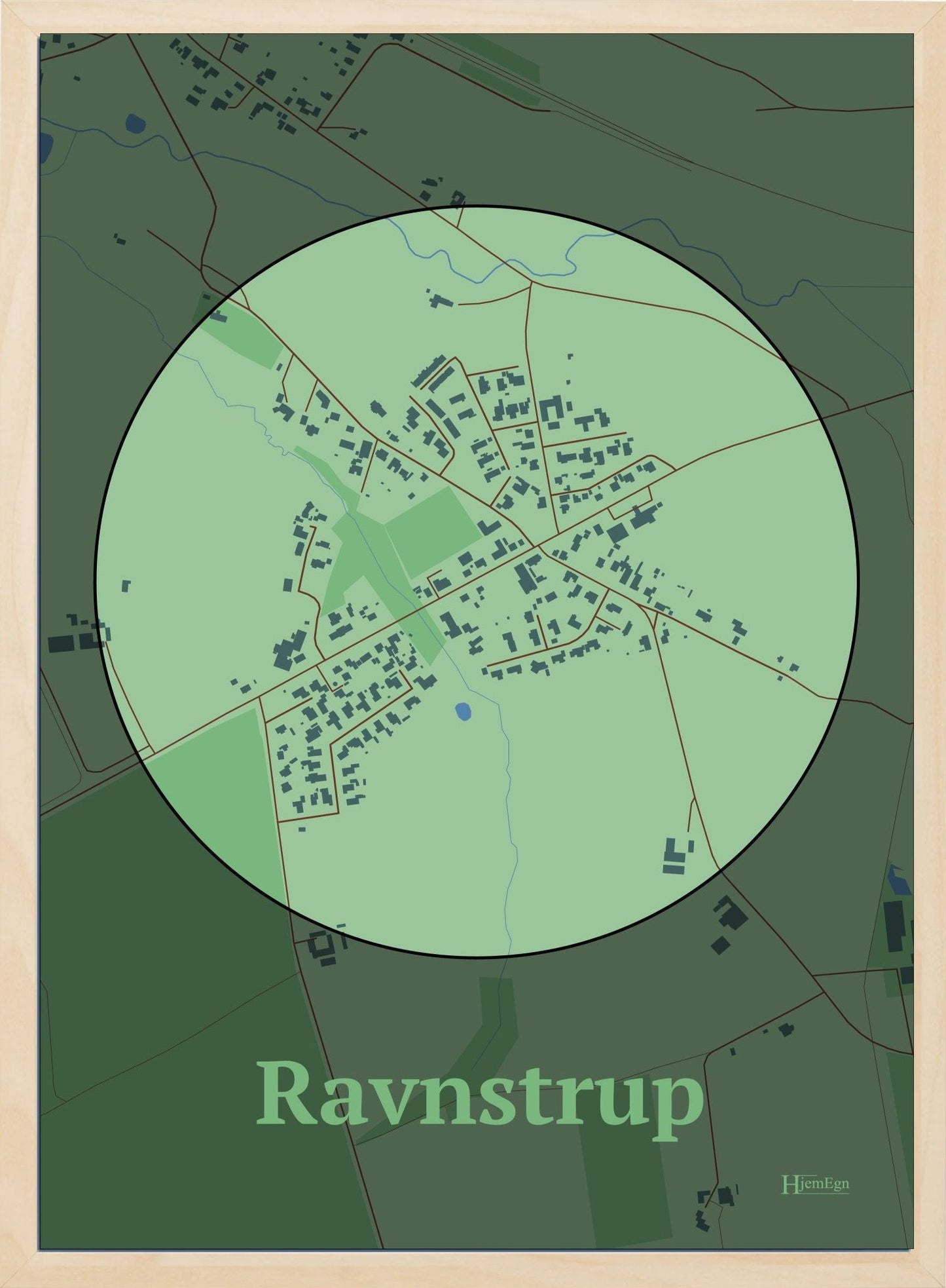 Ravnstrup plakat i farve pastel grøn og HjemEgn.dk design centrum. Design bykort for Ravnstrup