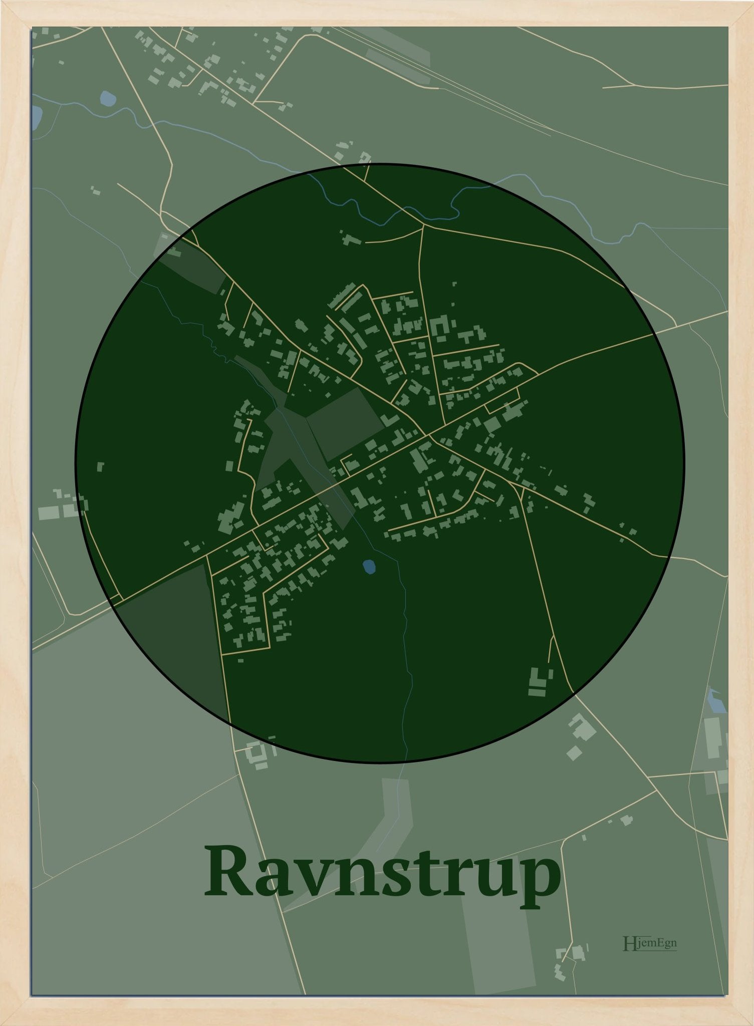 Ravnstrup plakat i farve mørk grøn og HjemEgn.dk design centrum. Design bykort for Ravnstrup