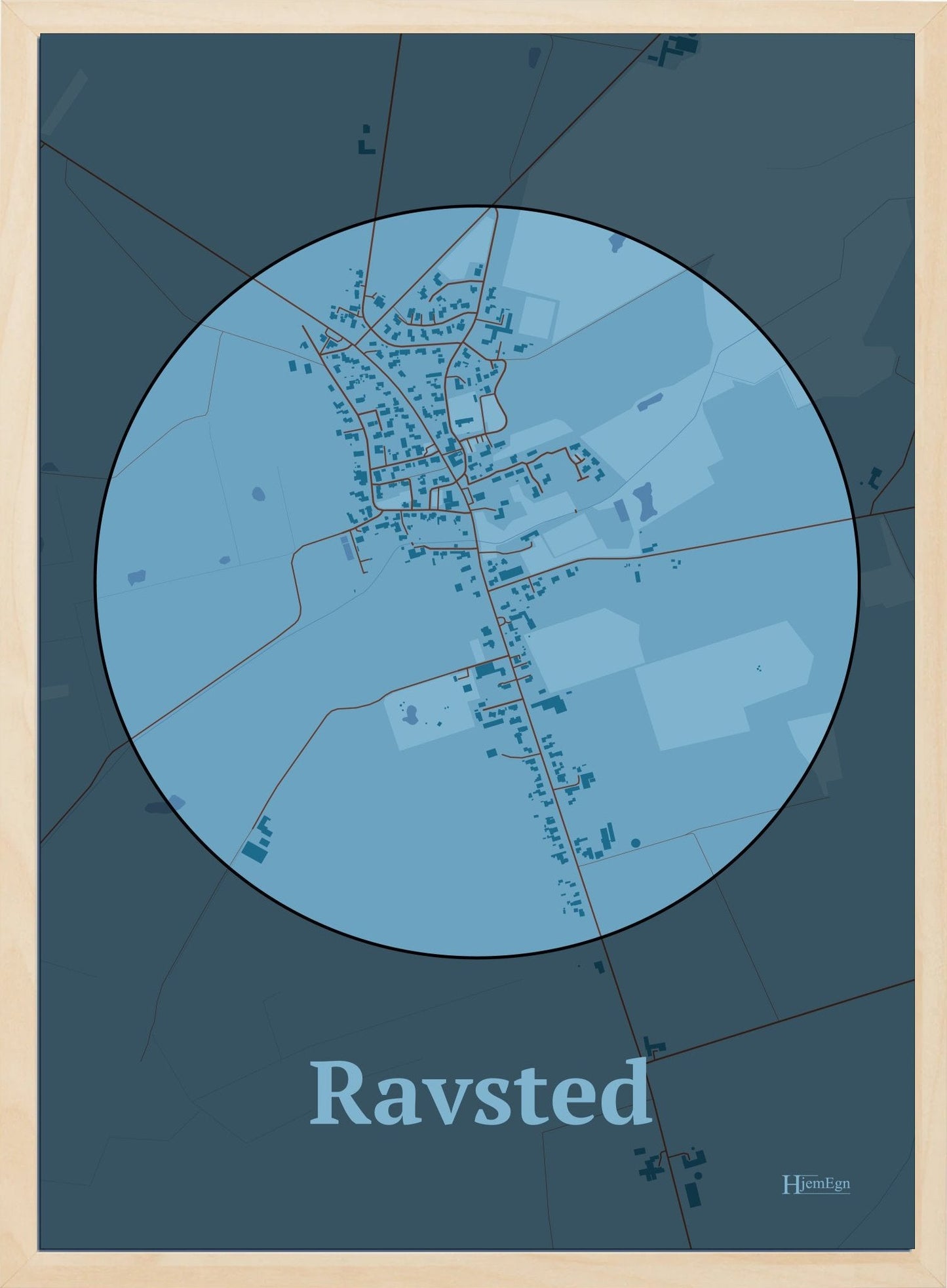 Ravsted plakat i farve pastel blå og HjemEgn.dk design centrum. Design bykort for Ravsted