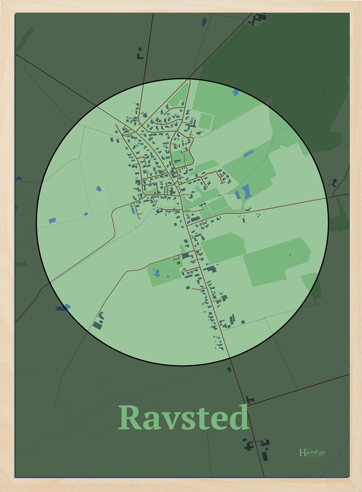 Ravsted plakat i farve pastel grøn og HjemEgn.dk design centrum. Design bykort for Ravsted