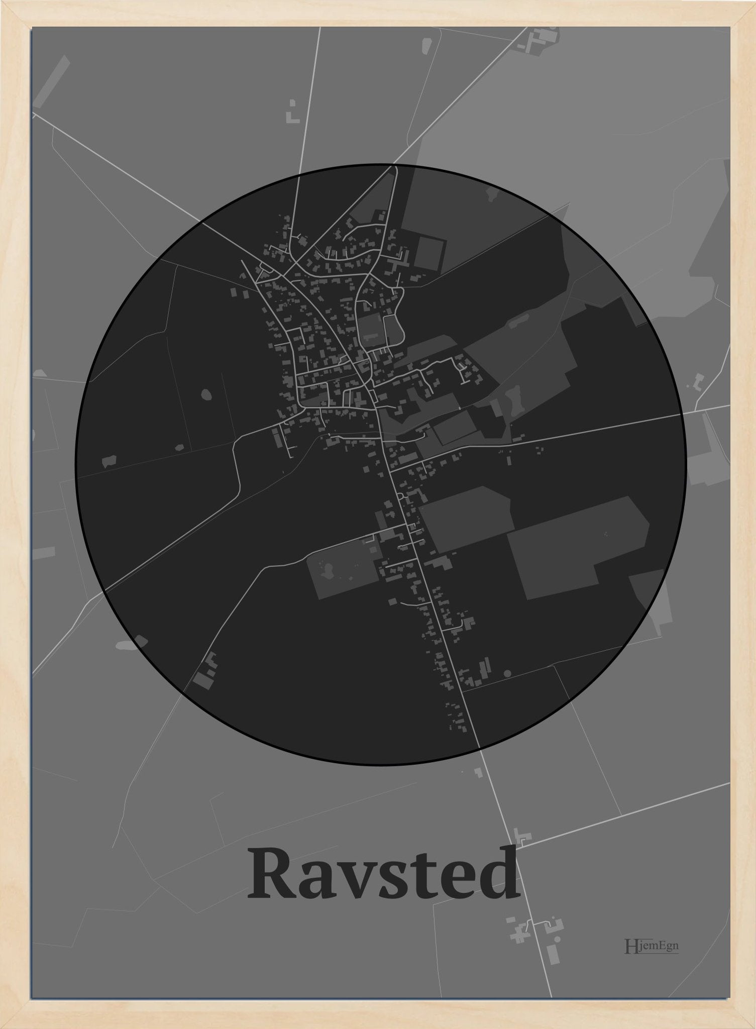 Ravsted plakat i farve mørk grå og HjemEgn.dk design centrum. Design bykort for Ravsted