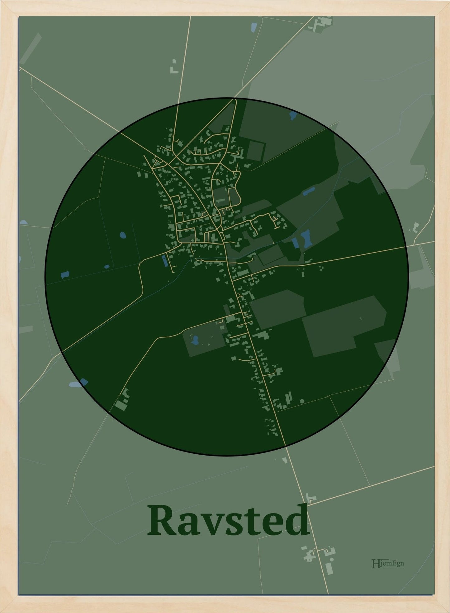 Ravsted plakat i farve mørk grøn og HjemEgn.dk design centrum. Design bykort for Ravsted