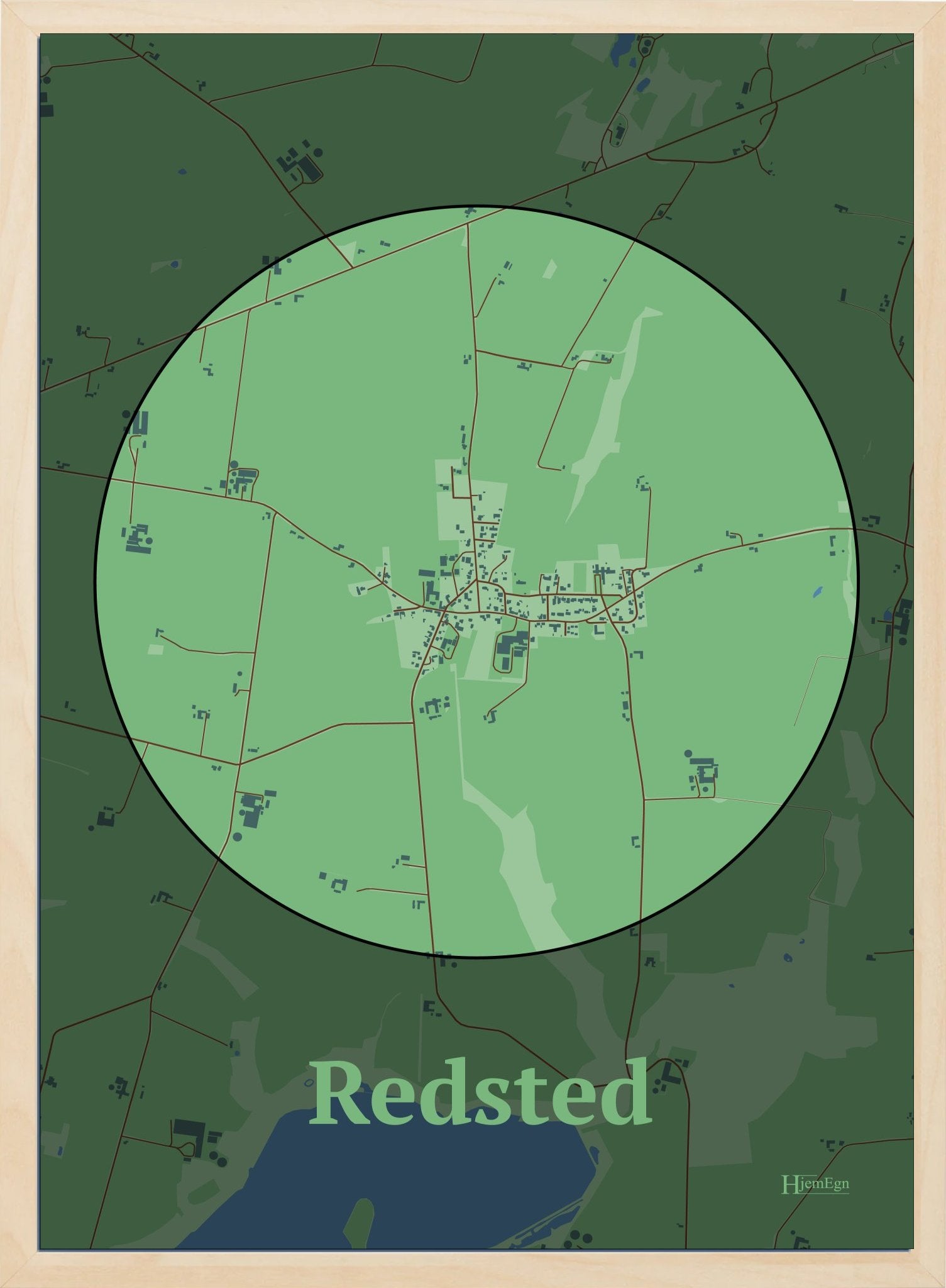 Redsted plakat i farve pastel grøn og HjemEgn.dk design centrum. Design bykort for Redsted