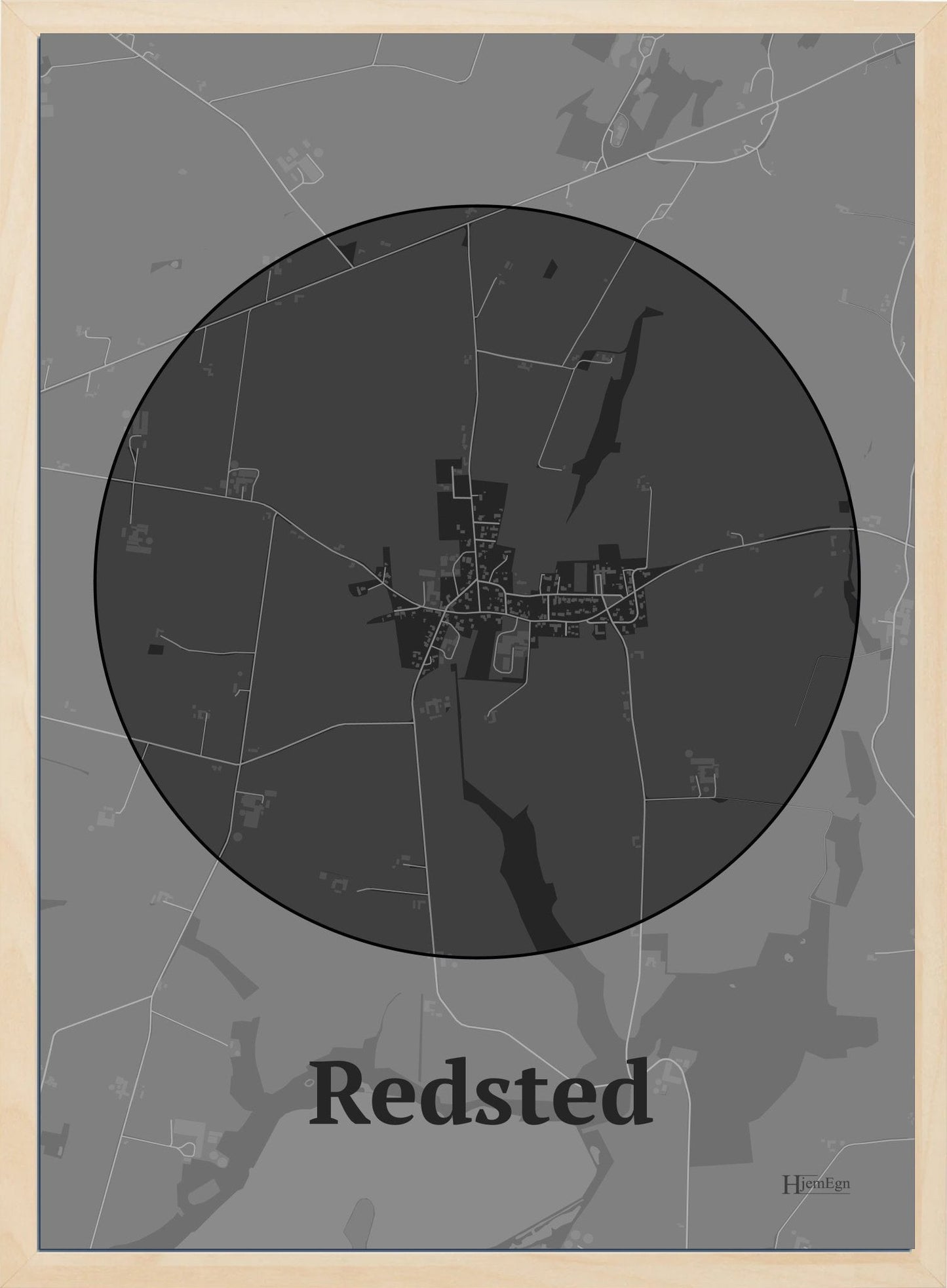 Redsted plakat i farve mørk grå og HjemEgn.dk design centrum. Design bykort for Redsted