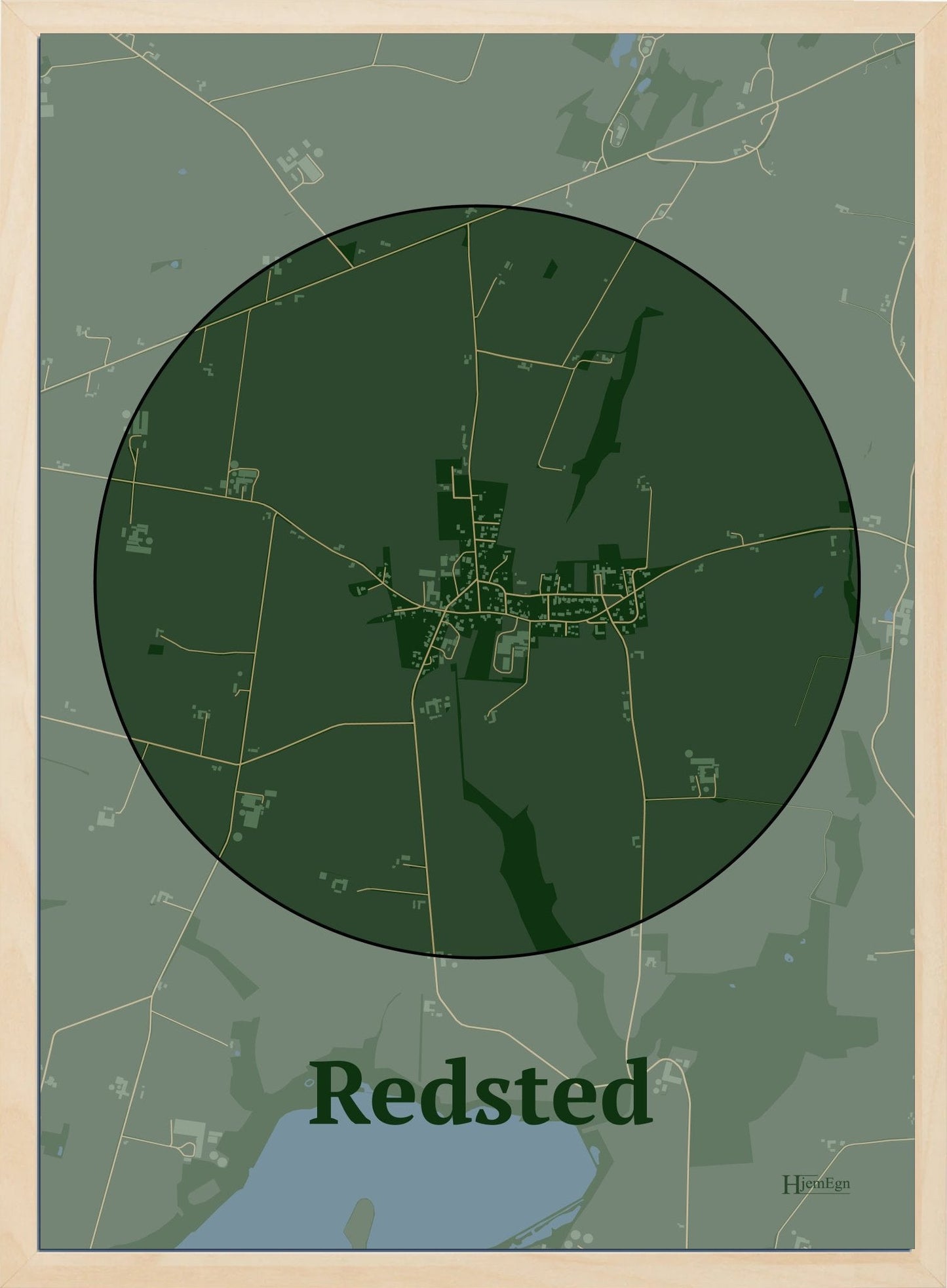 Redsted plakat i farve mørk grøn og HjemEgn.dk design centrum. Design bykort for Redsted