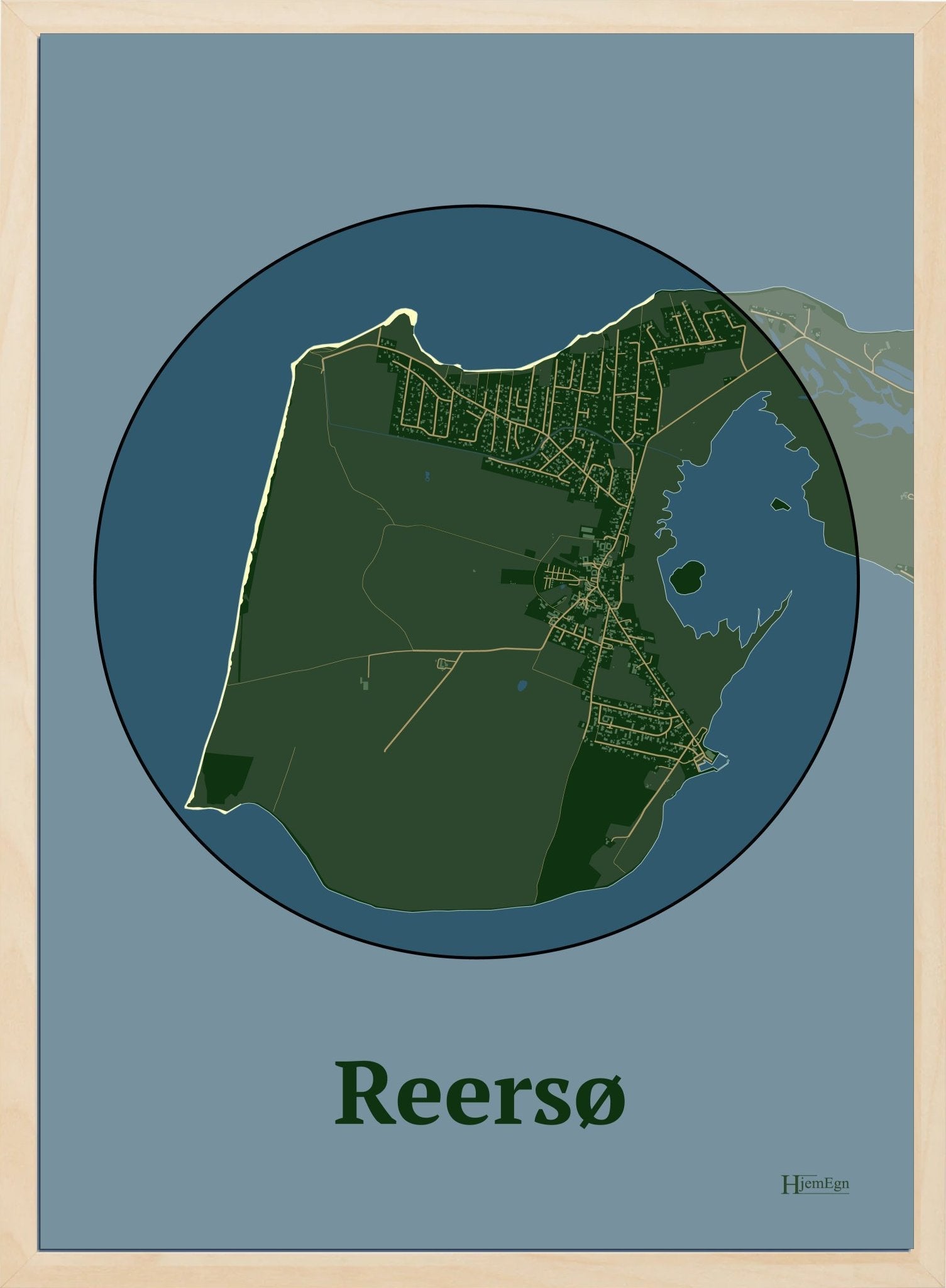 Reersø plakat i farve mørk grøn og HjemEgn.dk design centrum. Design bykort for Reersø