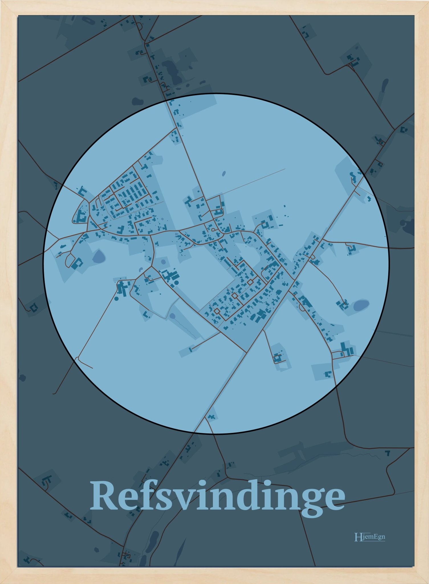 Refsvindinge plakat i farve pastel blå og HjemEgn.dk design centrum. Design bykort for Refsvindinge
