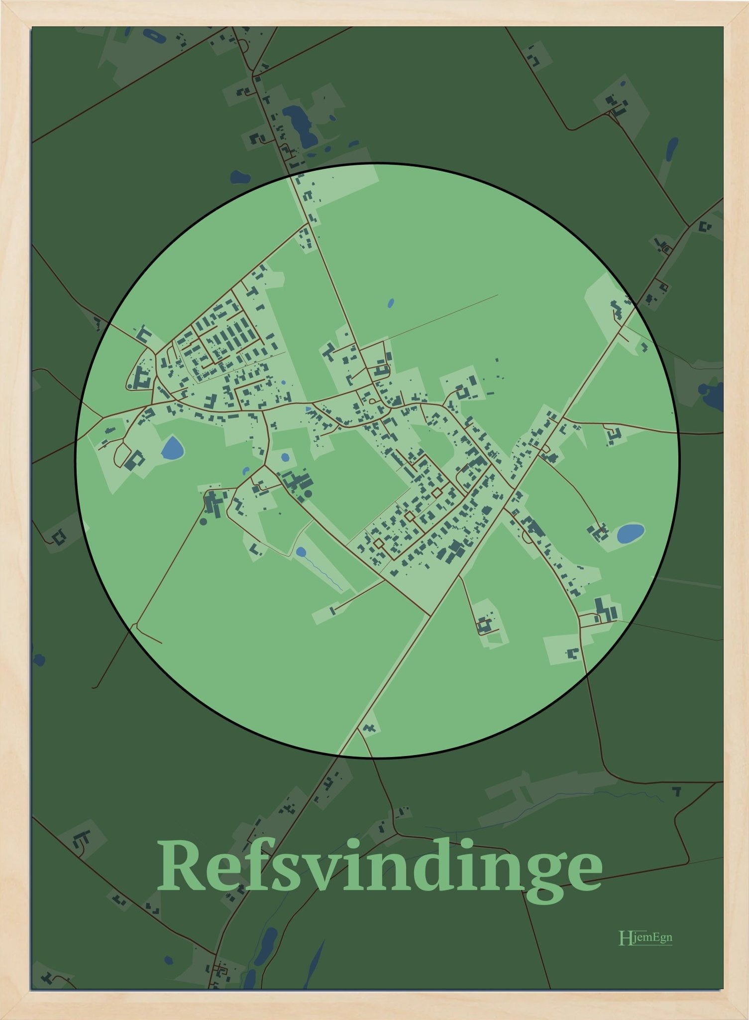 Refsvindinge plakat i farve pastel grøn og HjemEgn.dk design centrum. Design bykort for Refsvindinge