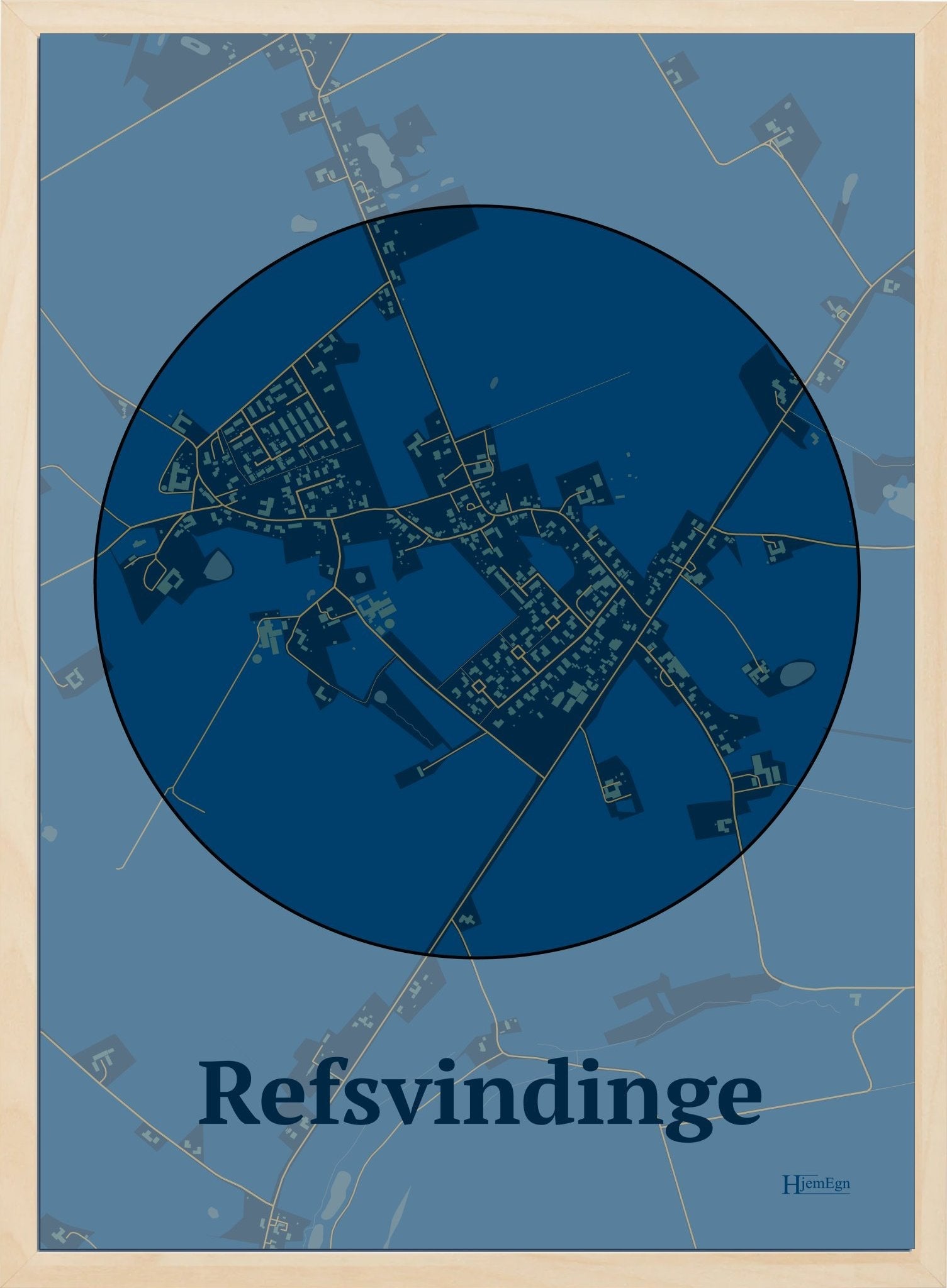 Refsvindinge plakat i farve mørk blå og HjemEgn.dk design centrum. Design bykort for Refsvindinge