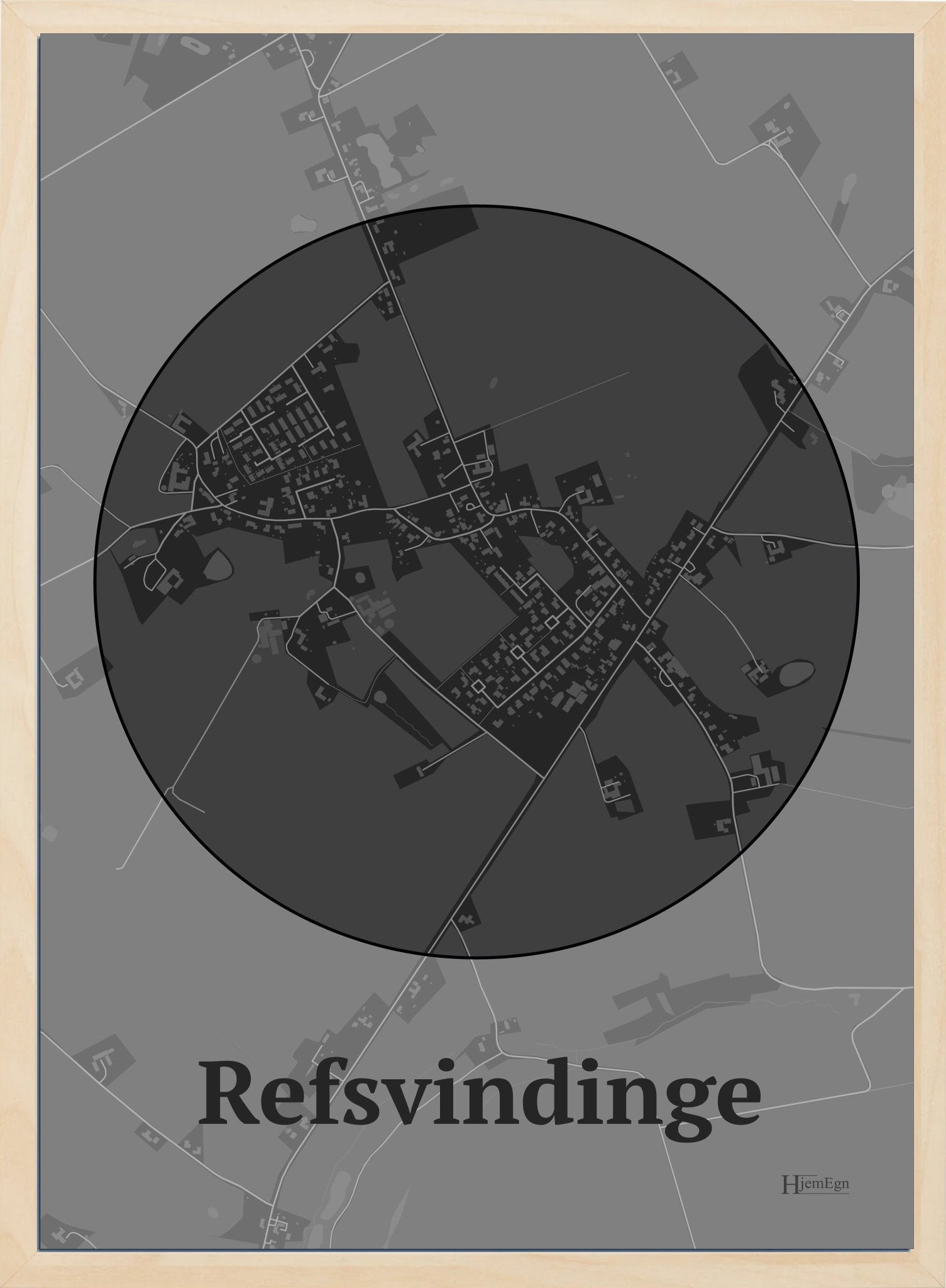 Refsvindinge plakat i farve mørk grå og HjemEgn.dk design centrum. Design bykort for Refsvindinge