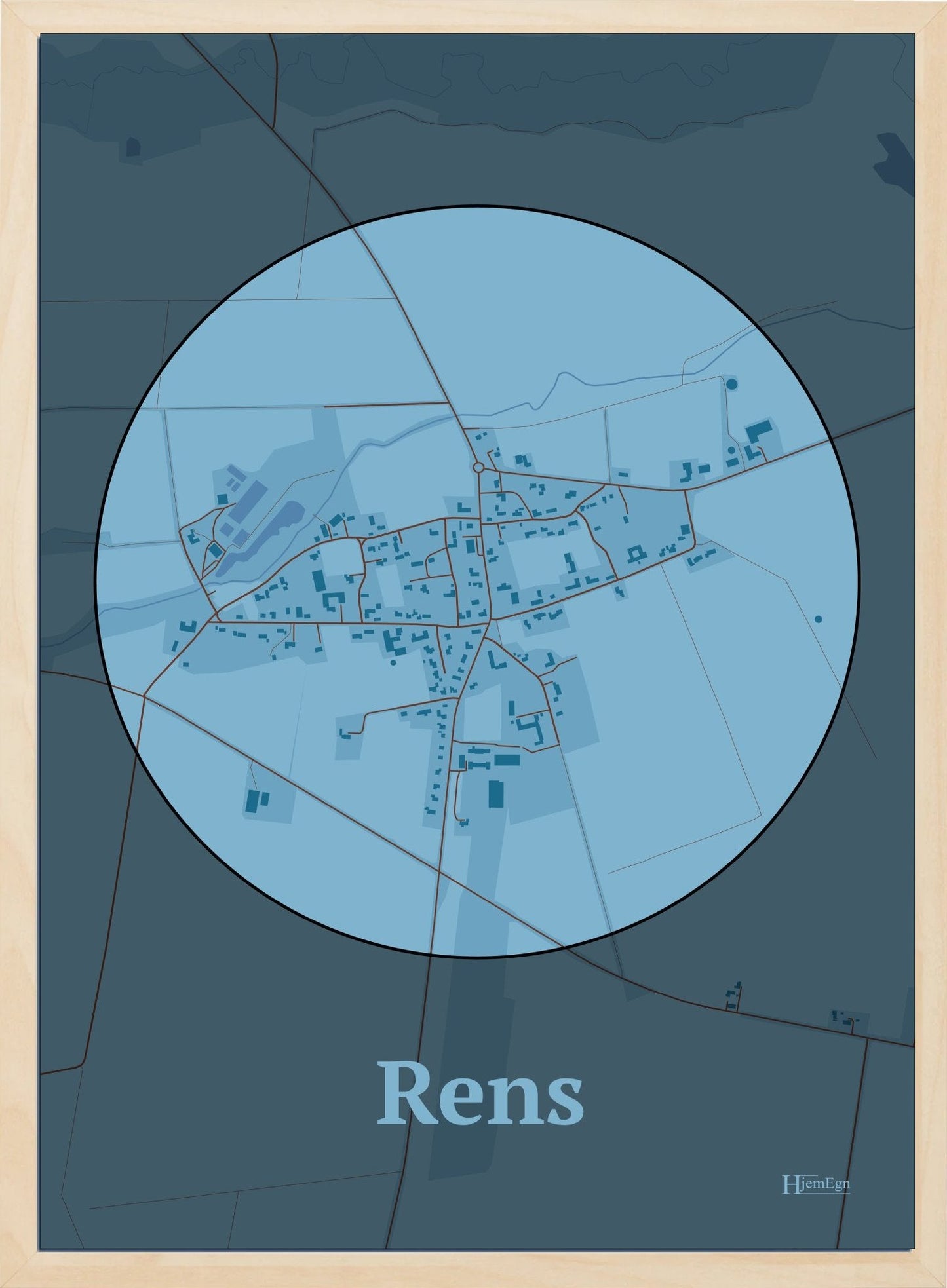 Rens plakat i farve pastel blå og HjemEgn.dk design centrum. Design bykort for Rens
