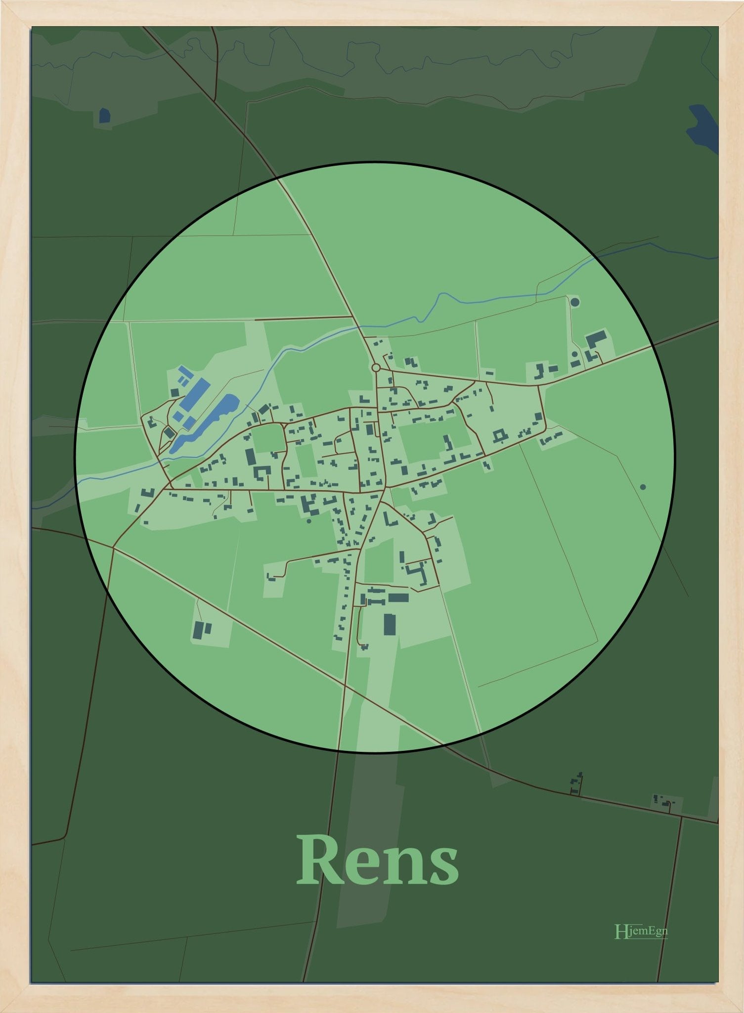 Rens plakat i farve pastel grøn og HjemEgn.dk design centrum. Design bykort for Rens