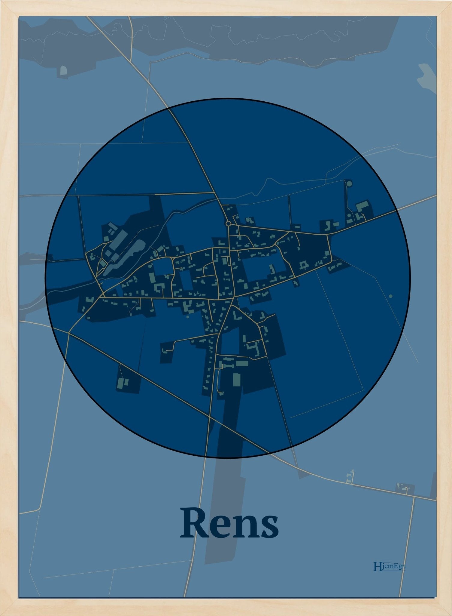Rens plakat i farve mørk blå og HjemEgn.dk design centrum. Design bykort for Rens
