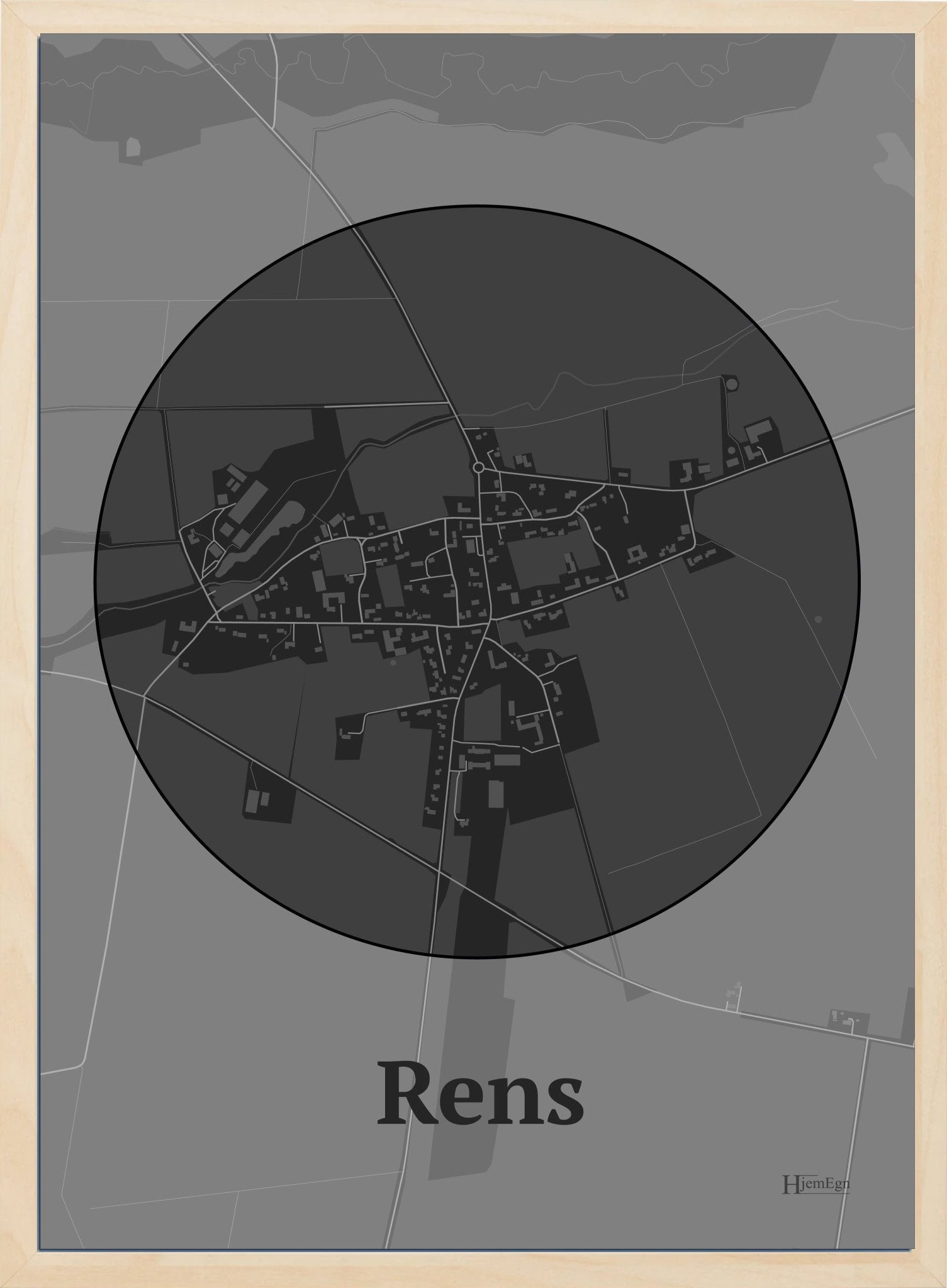 Rens plakat i farve mørk grå og HjemEgn.dk design centrum. Design bykort for Rens