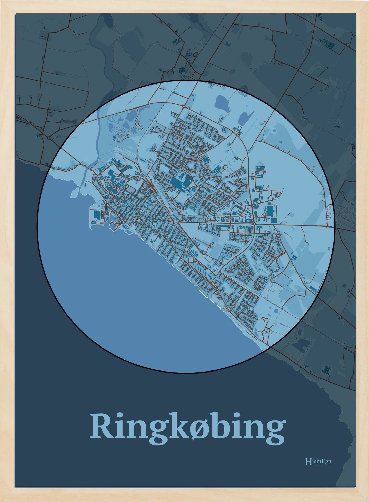 Ringkøbing plakat i farve pastel blå og HjemEgn.dk design centrum. Design bykort for Ringkøbing
