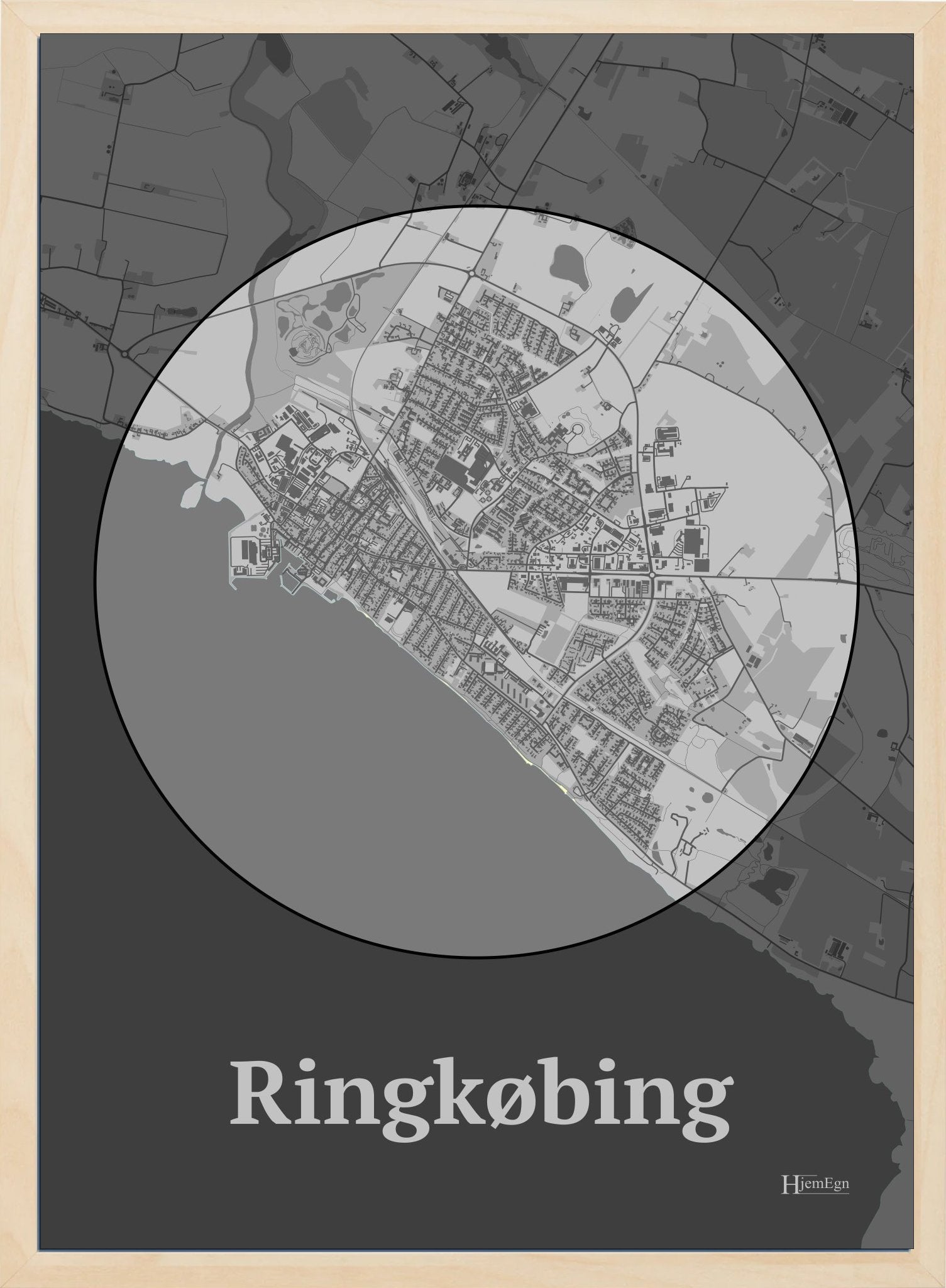 Ringkøbing plakat i farve pastel grå og HjemEgn.dk design centrum. Design bykort for Ringkøbing