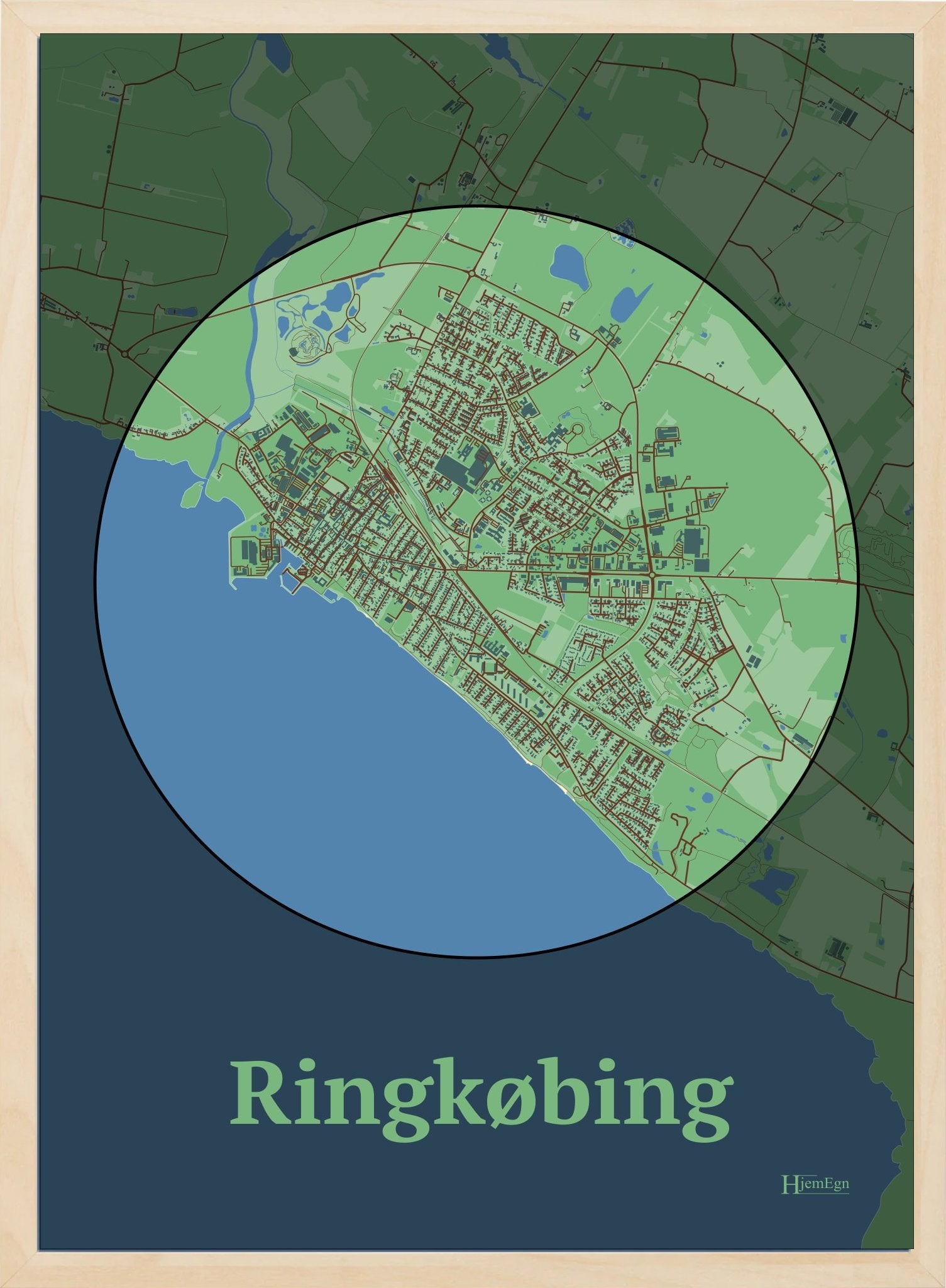 Ringkøbing plakat i farve pastel grøn og HjemEgn.dk design centrum. Design bykort for Ringkøbing