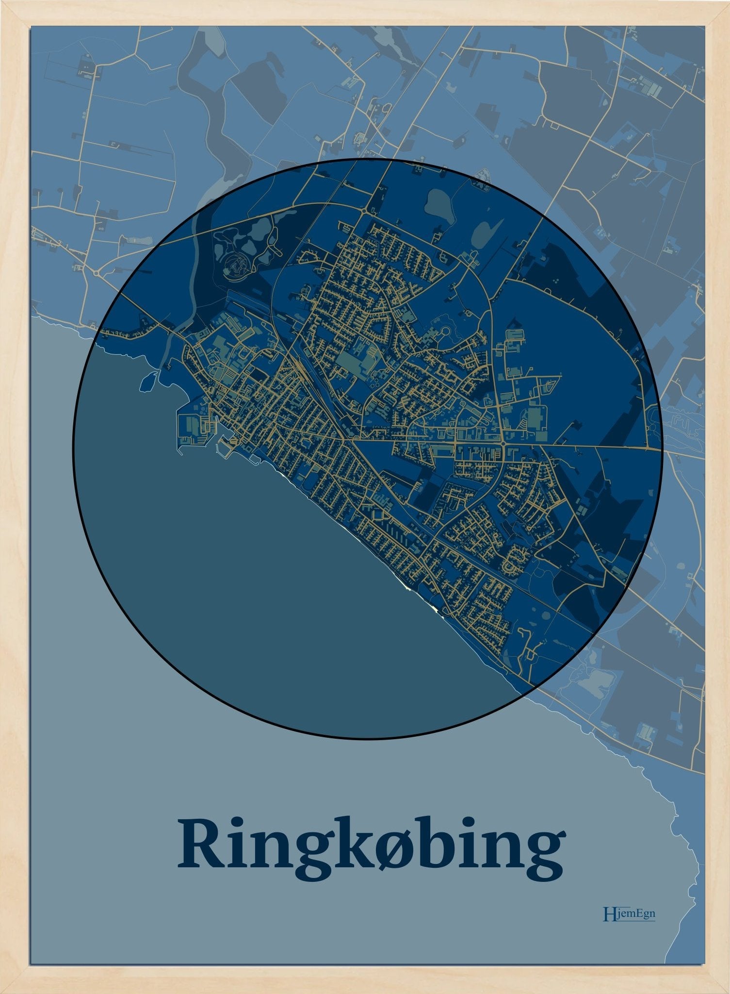 Ringkøbing plakat i farve mørk blå og HjemEgn.dk design centrum. Design bykort for Ringkøbing