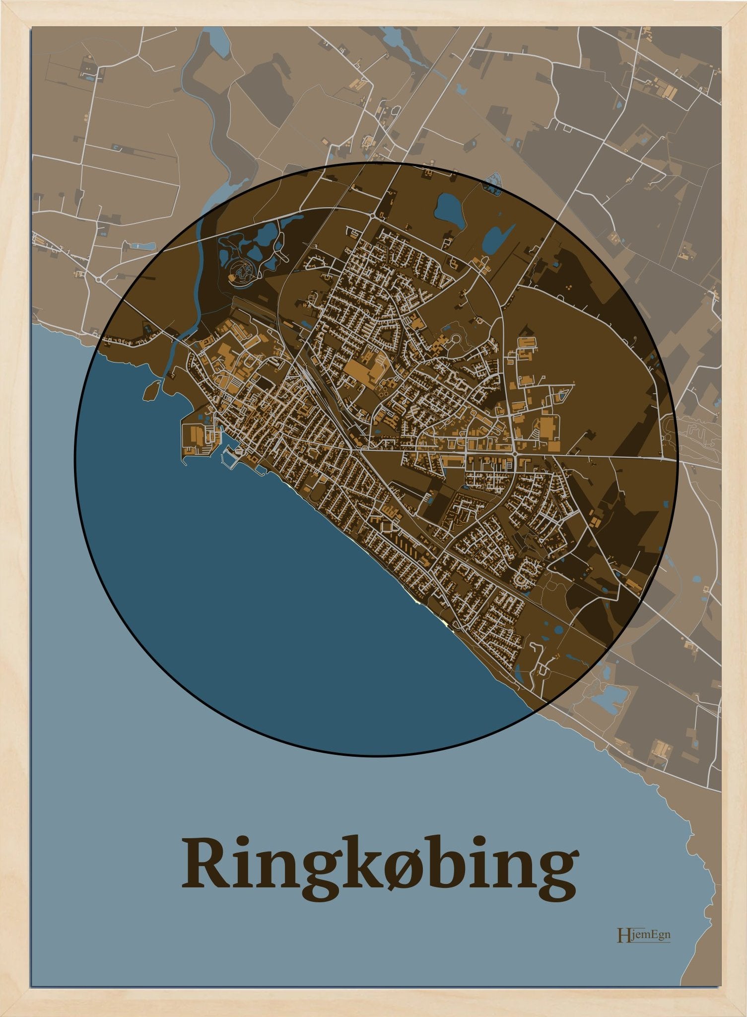 Ringkøbing plakat i farve mørk brun og HjemEgn.dk design centrum. Design bykort for Ringkøbing