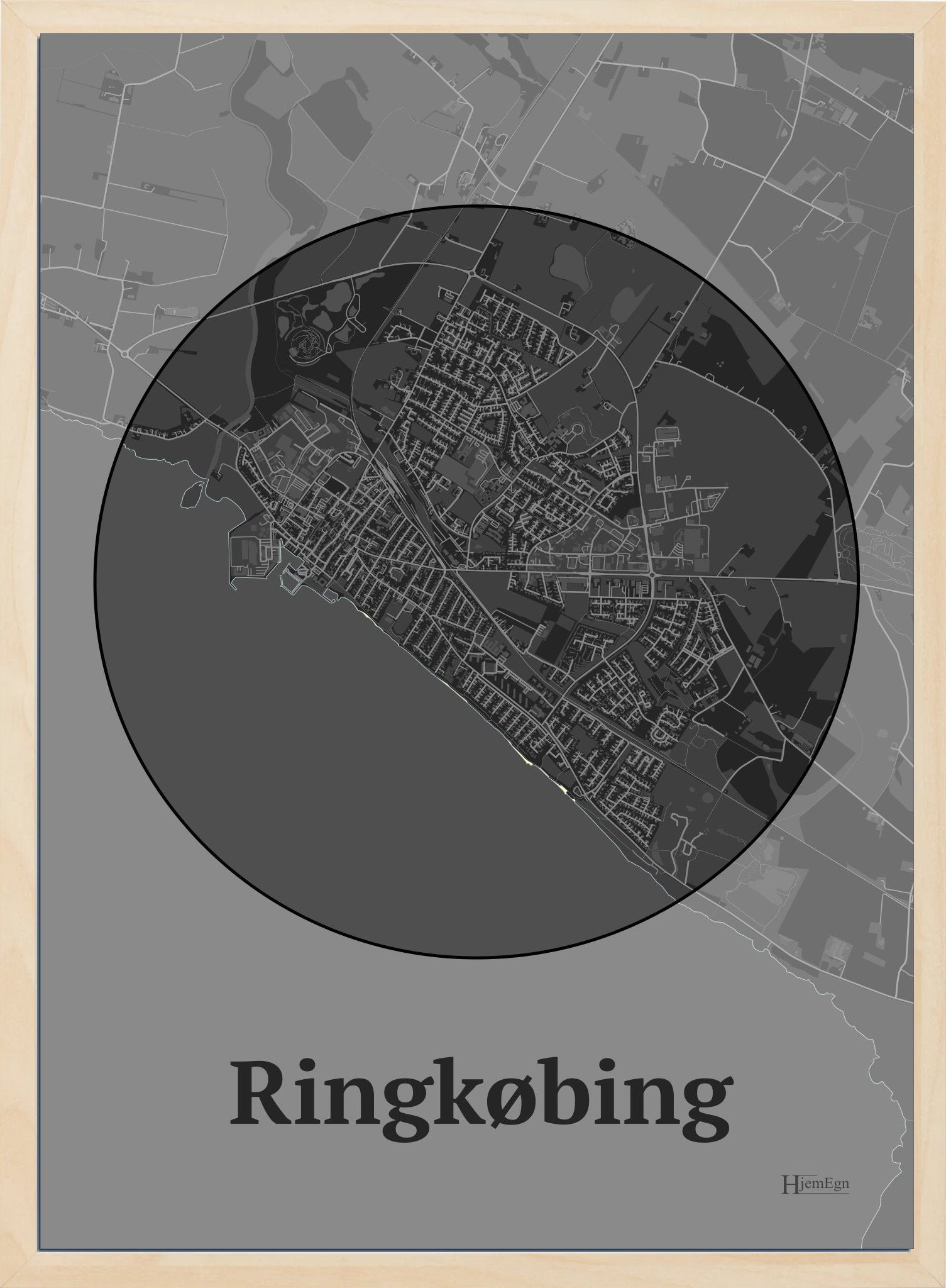 Ringkøbing plakat i farve mørk grå og HjemEgn.dk design centrum. Design bykort for Ringkøbing