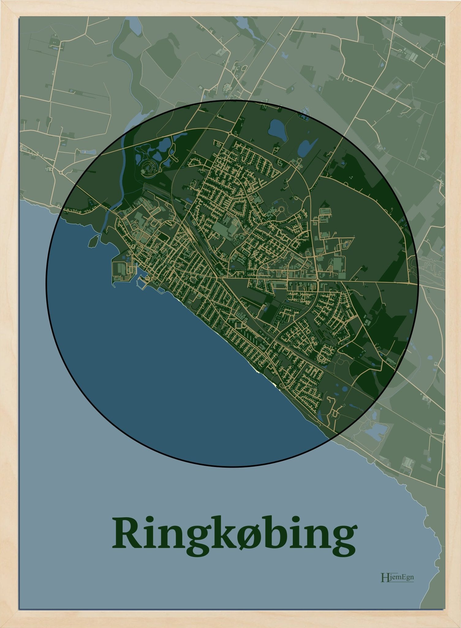 Ringkøbing plakat i farve mørk grøn og HjemEgn.dk design centrum. Design bykort for Ringkøbing
