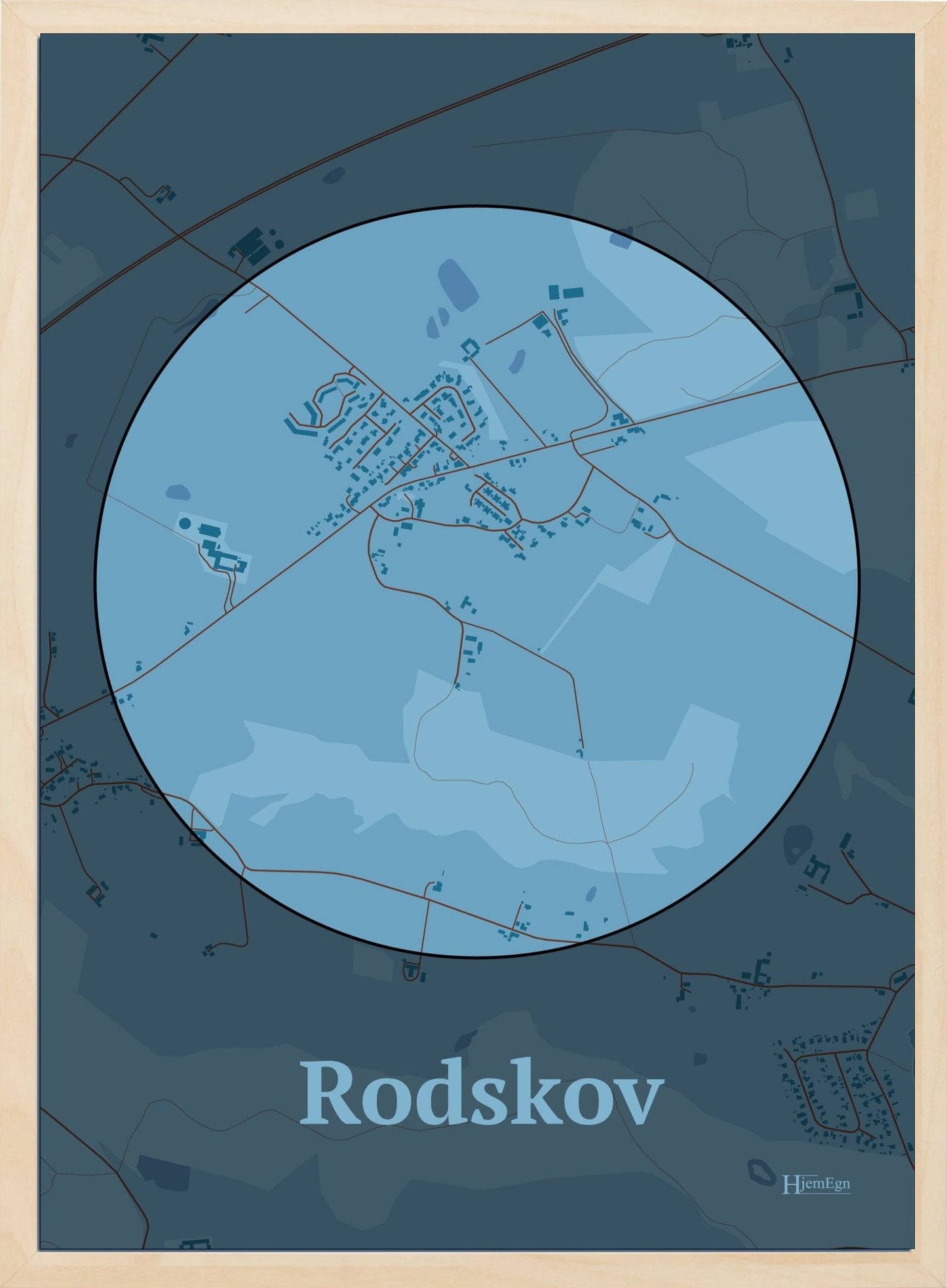 Rodskov plakat i farve pastel blå og HjemEgn.dk design centrum. Design bykort for Rodskov