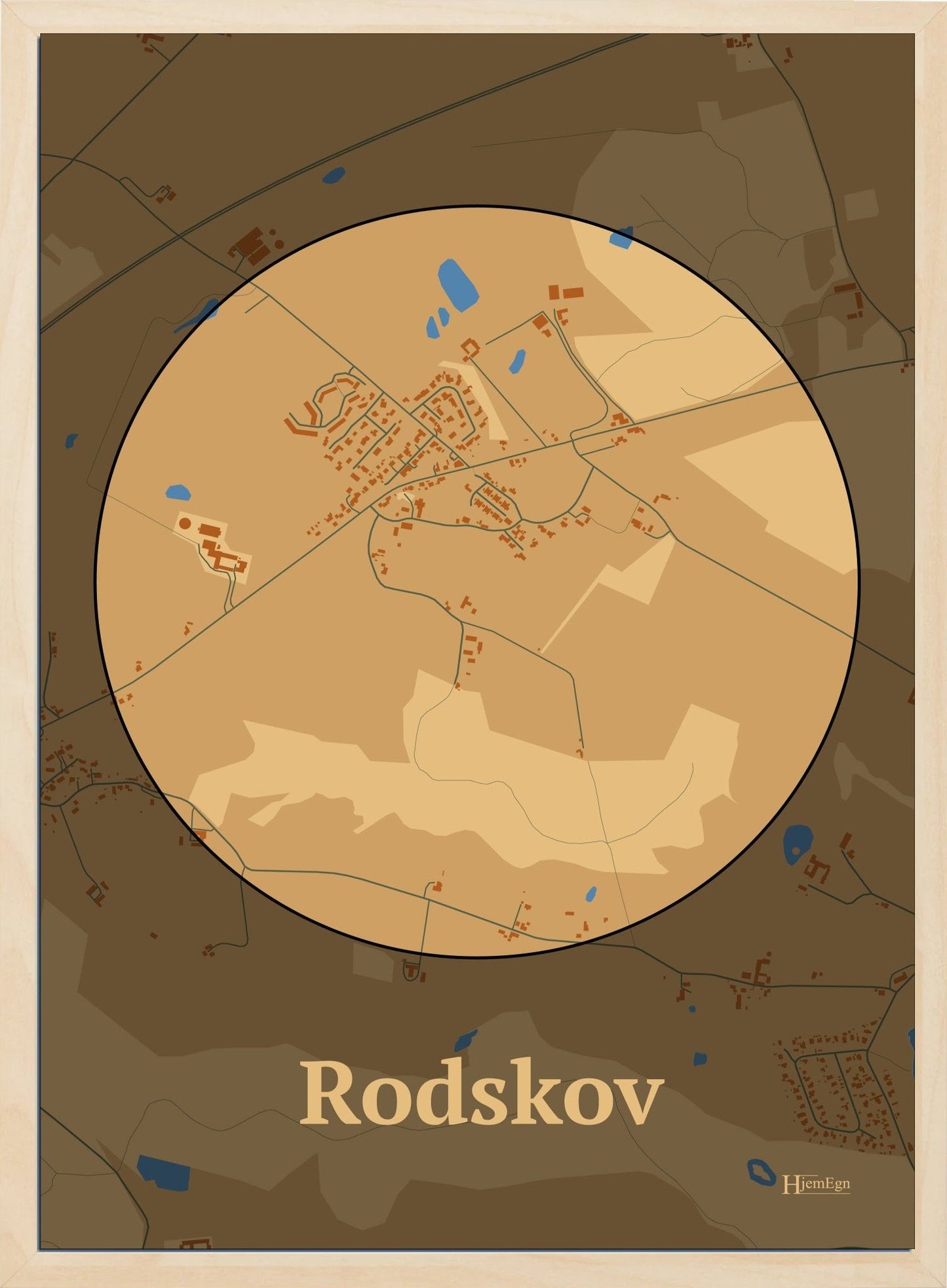 Rodskov plakat i farve pastel brun og HjemEgn.dk design centrum. Design bykort for Rodskov