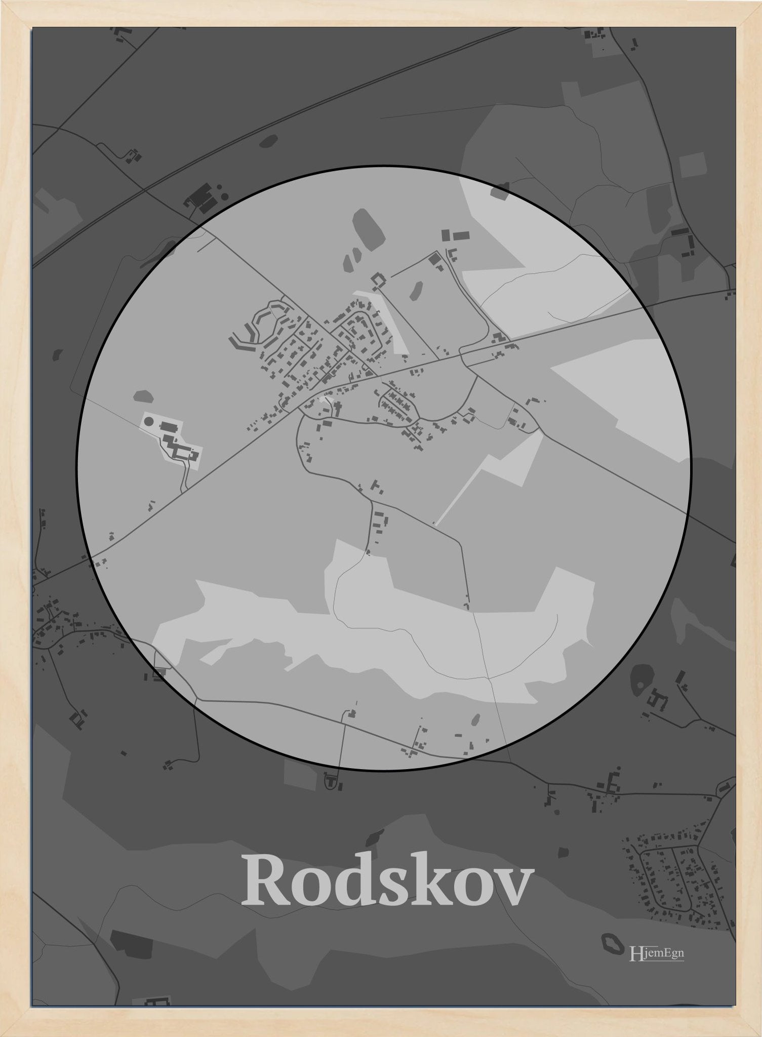 Rodskov plakat i farve pastel grå og HjemEgn.dk design centrum. Design bykort for Rodskov