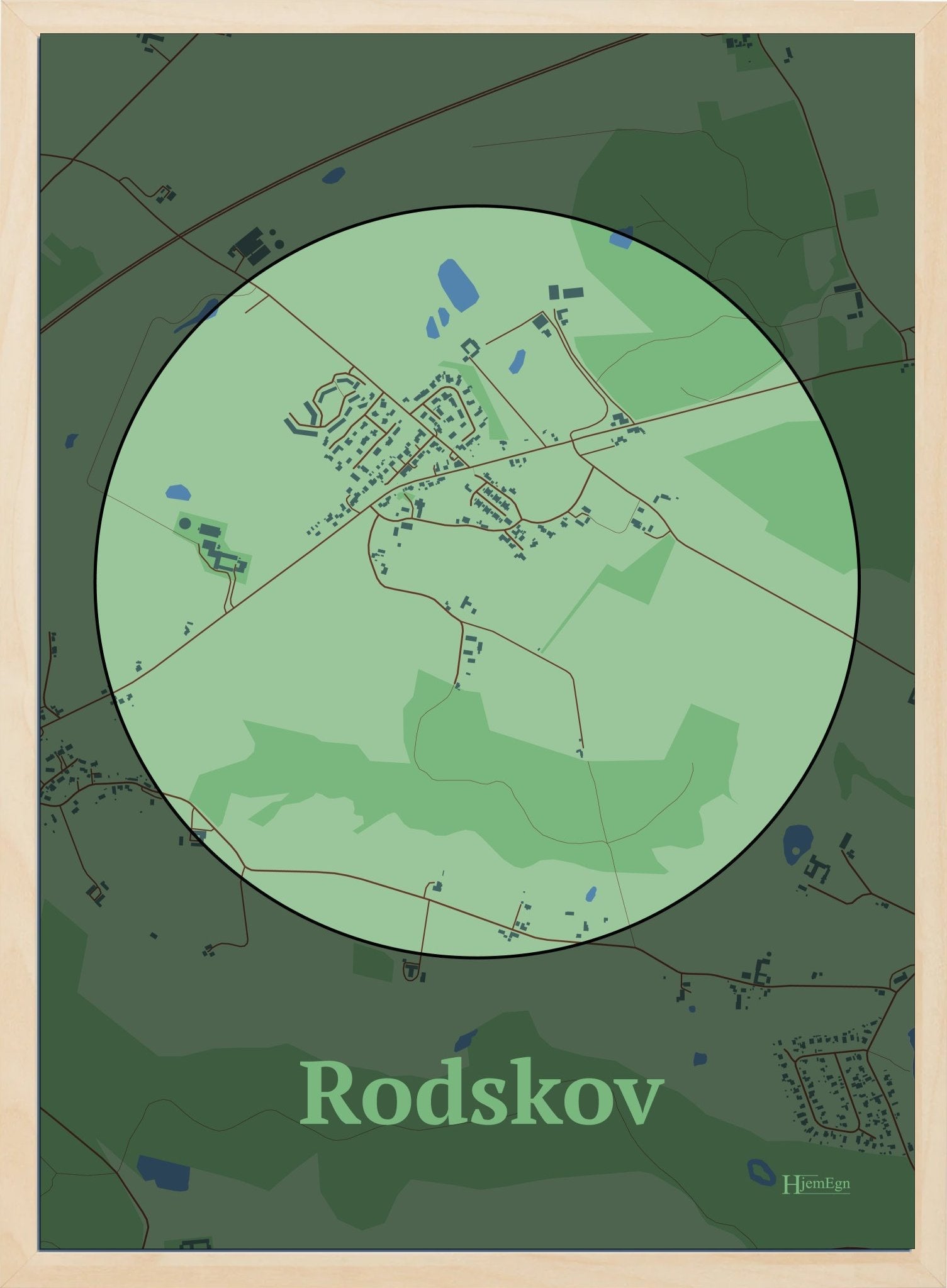 Rodskov plakat i farve pastel grøn og HjemEgn.dk design centrum. Design bykort for Rodskov