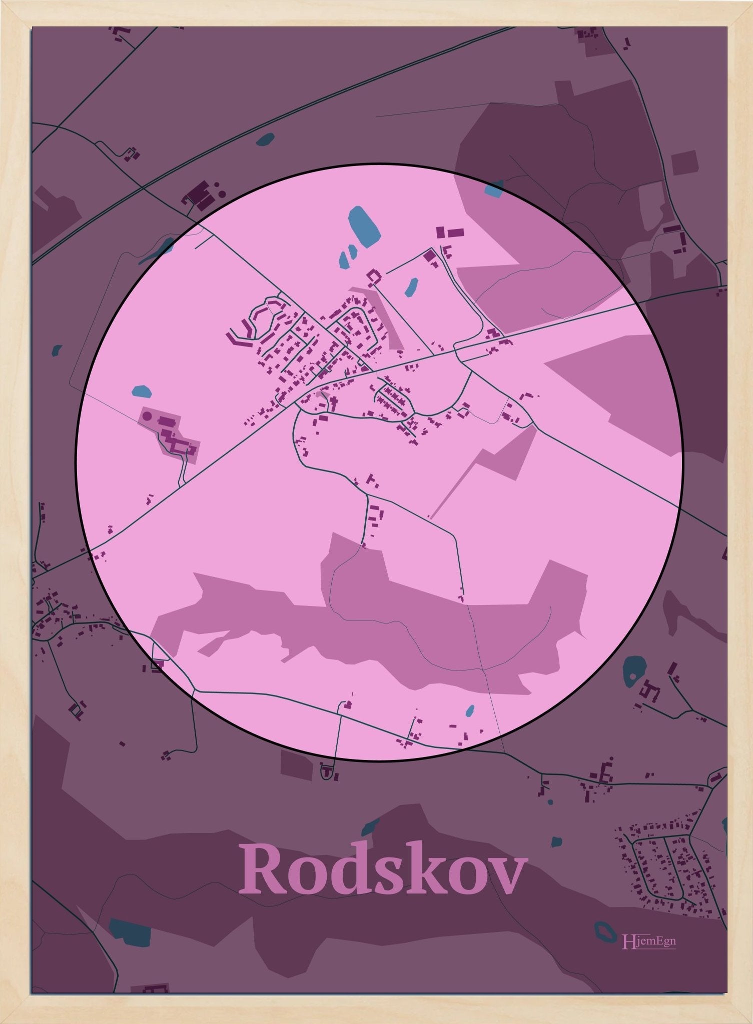 Rodskov plakat i farve pastel rød og HjemEgn.dk design centrum. Design bykort for Rodskov